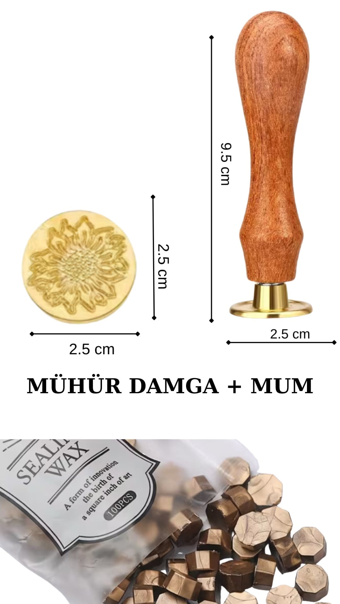 Mühür Damga Seti  (Ahşap Saplı, Pirinç) ve 100 Adet Boncuk Mühür Mumu ile