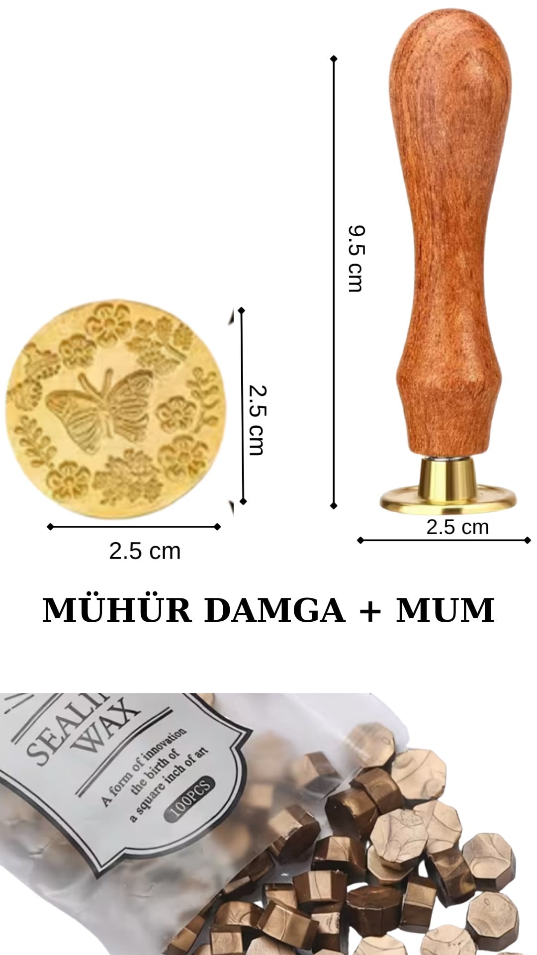 Mühür Damga Seti  (Ahşap Saplı, Pirinç) ve 100 Adet Boncuk Mühür Mumu ile