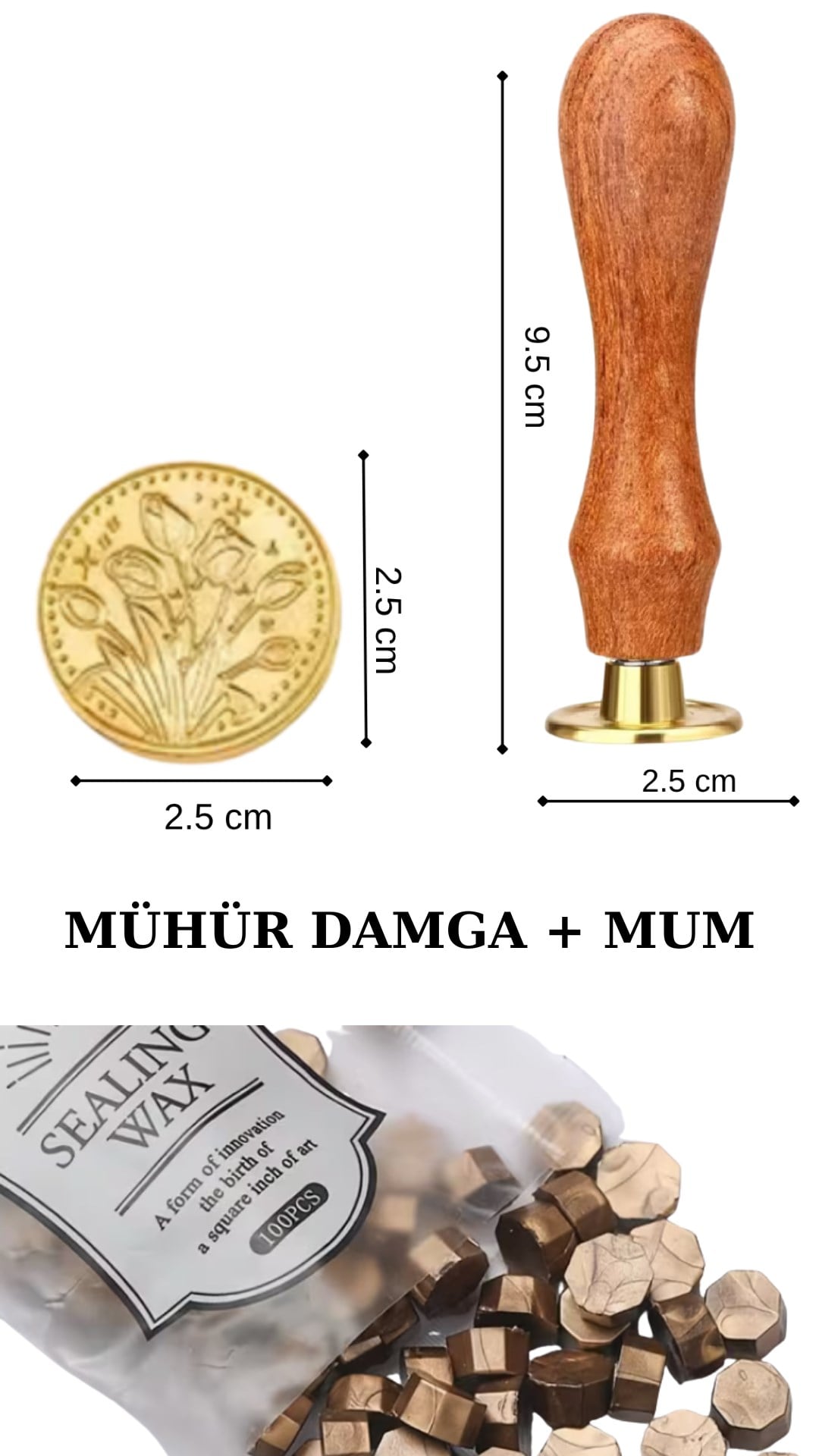 Mühür Damga Seti  (Ahşap Saplı, Pirinç) ve 100 Adet Boncuk Mühür Mumu ile