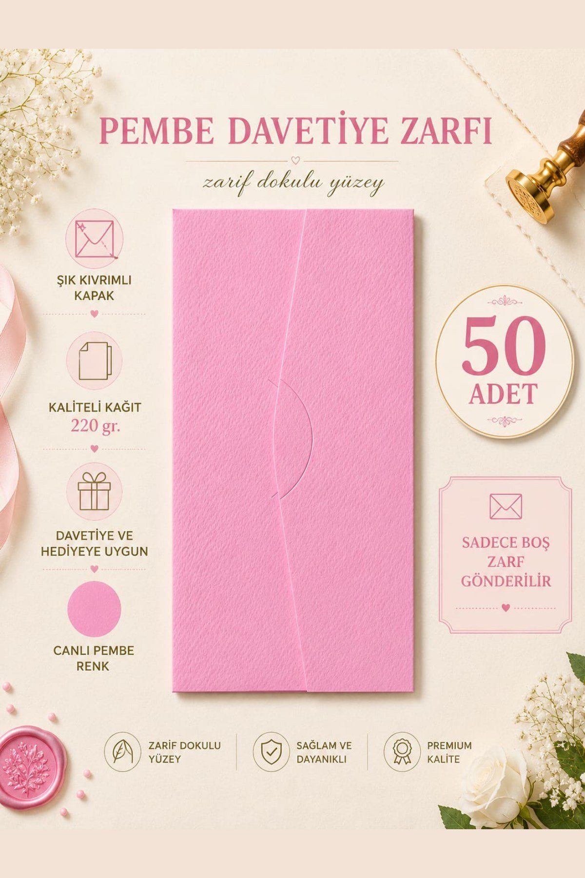 Renkli Dokulu Davetiye Zarfı 50 Adet 11*22cm 220gr (Baskısız boş Zarf)