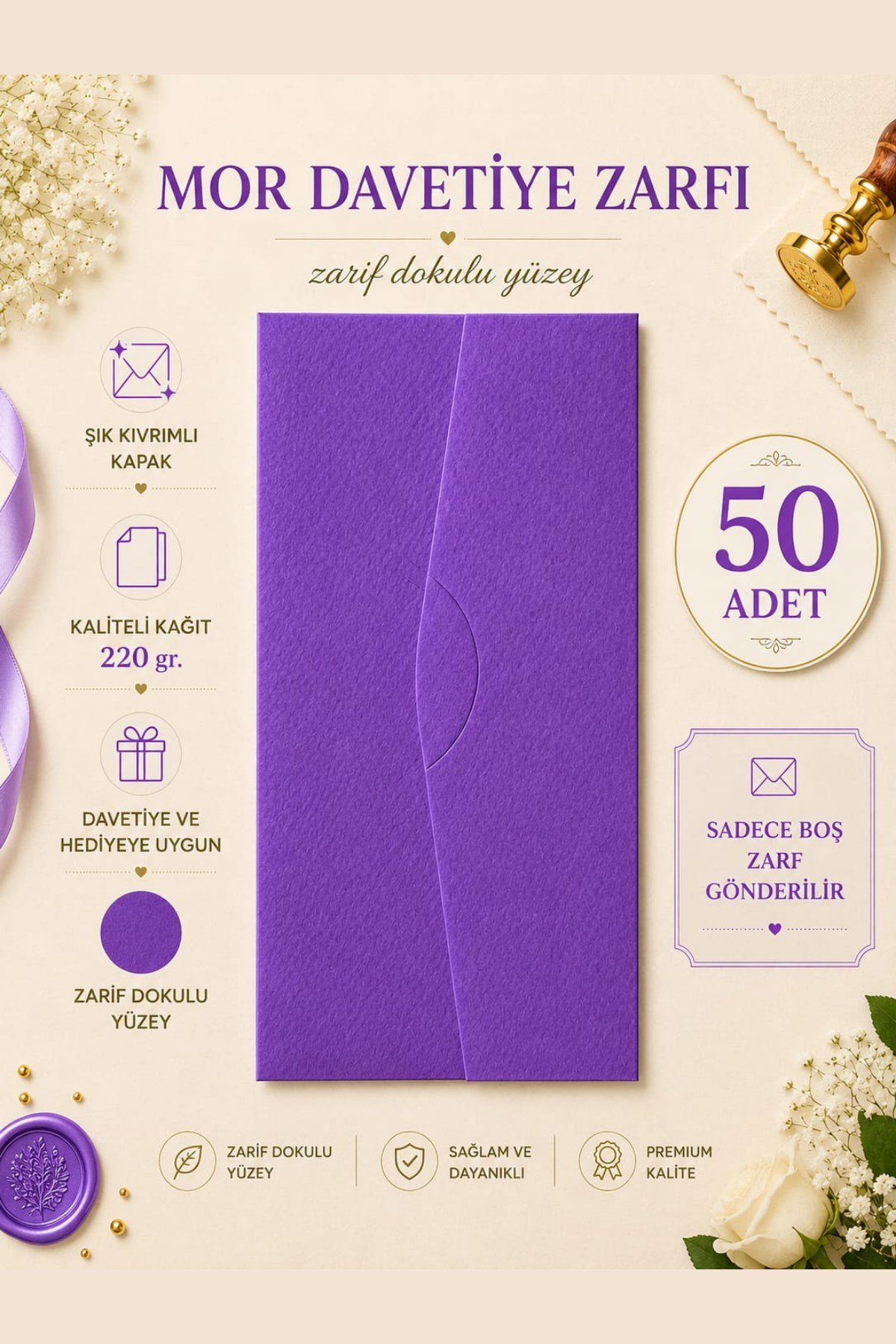 Renkli Dokulu Davetiye Zarfı 50 Adet 11*22cm 220gr (Baskısız boş Zarf)