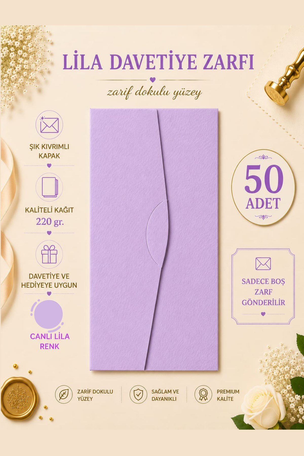 Renkli Dokulu Davetiye Zarfı 50 Adet 11*22cm 220gr (Baskısız boş Zarf)