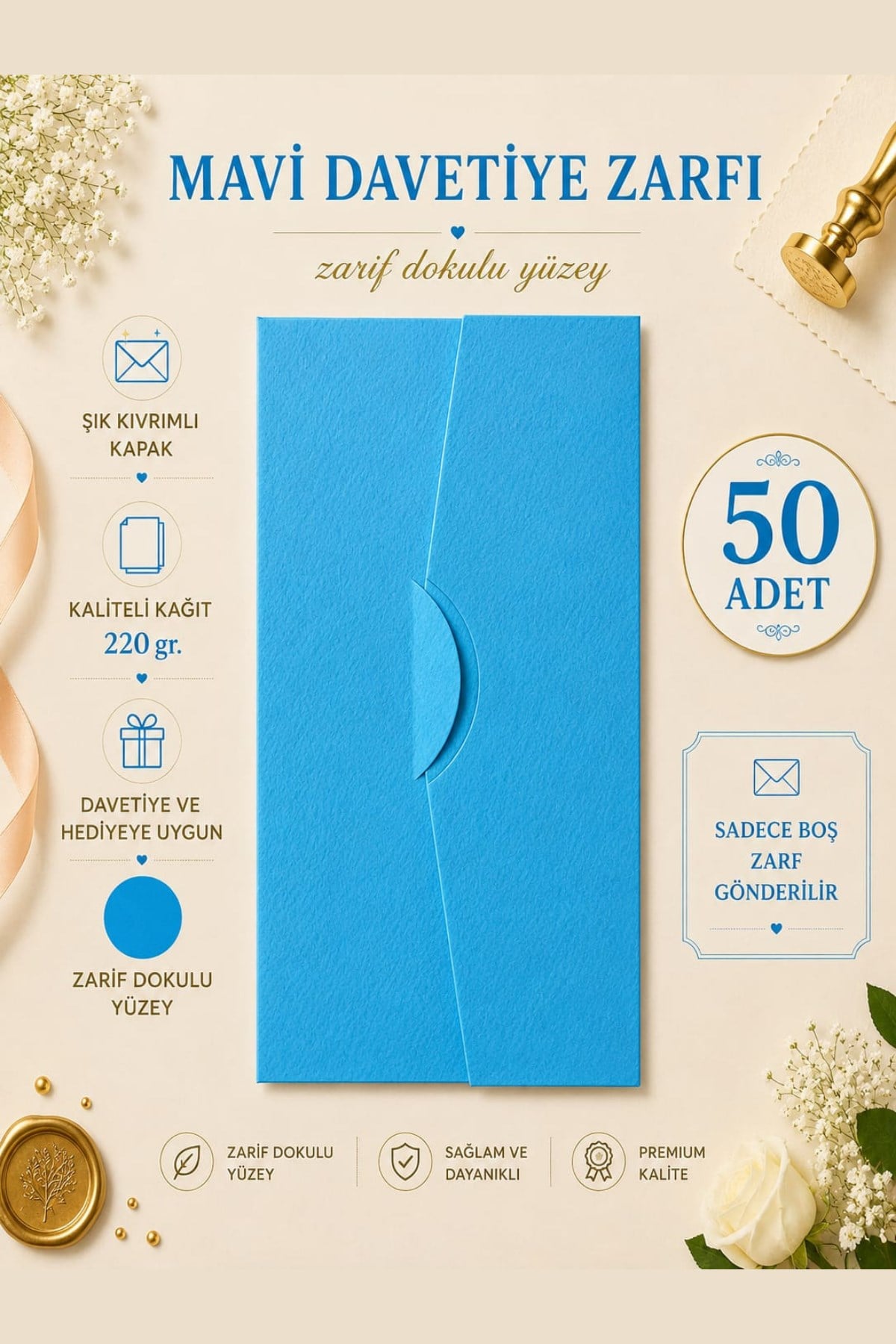 Renkli Dokulu Davetiye Zarfı 50 Adet 11*22cm 220gr (Baskısız boş Zarf)
