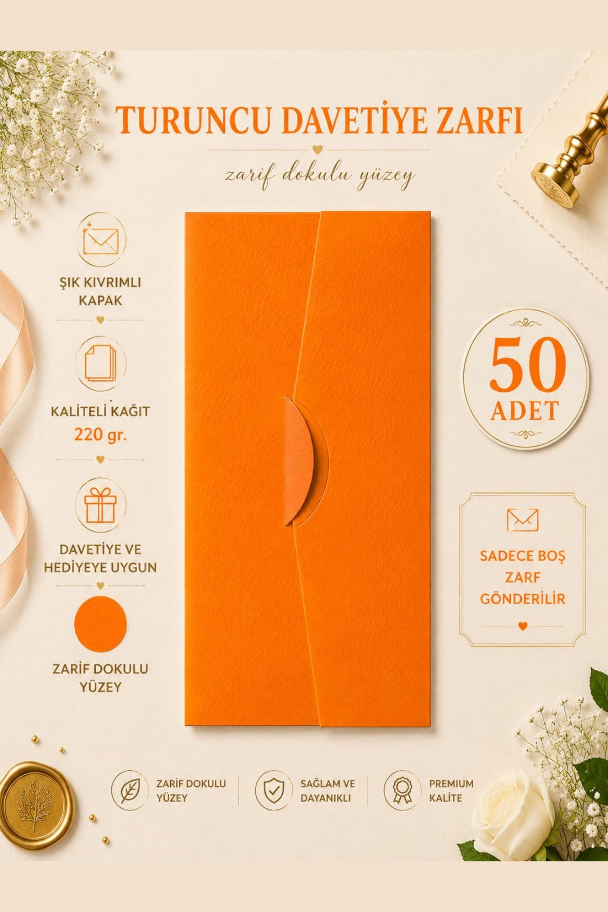 Renkli Dokulu Davetiye Zarfı 50 Adet 11*22cm 220gr (Baskısız boş Zarf)