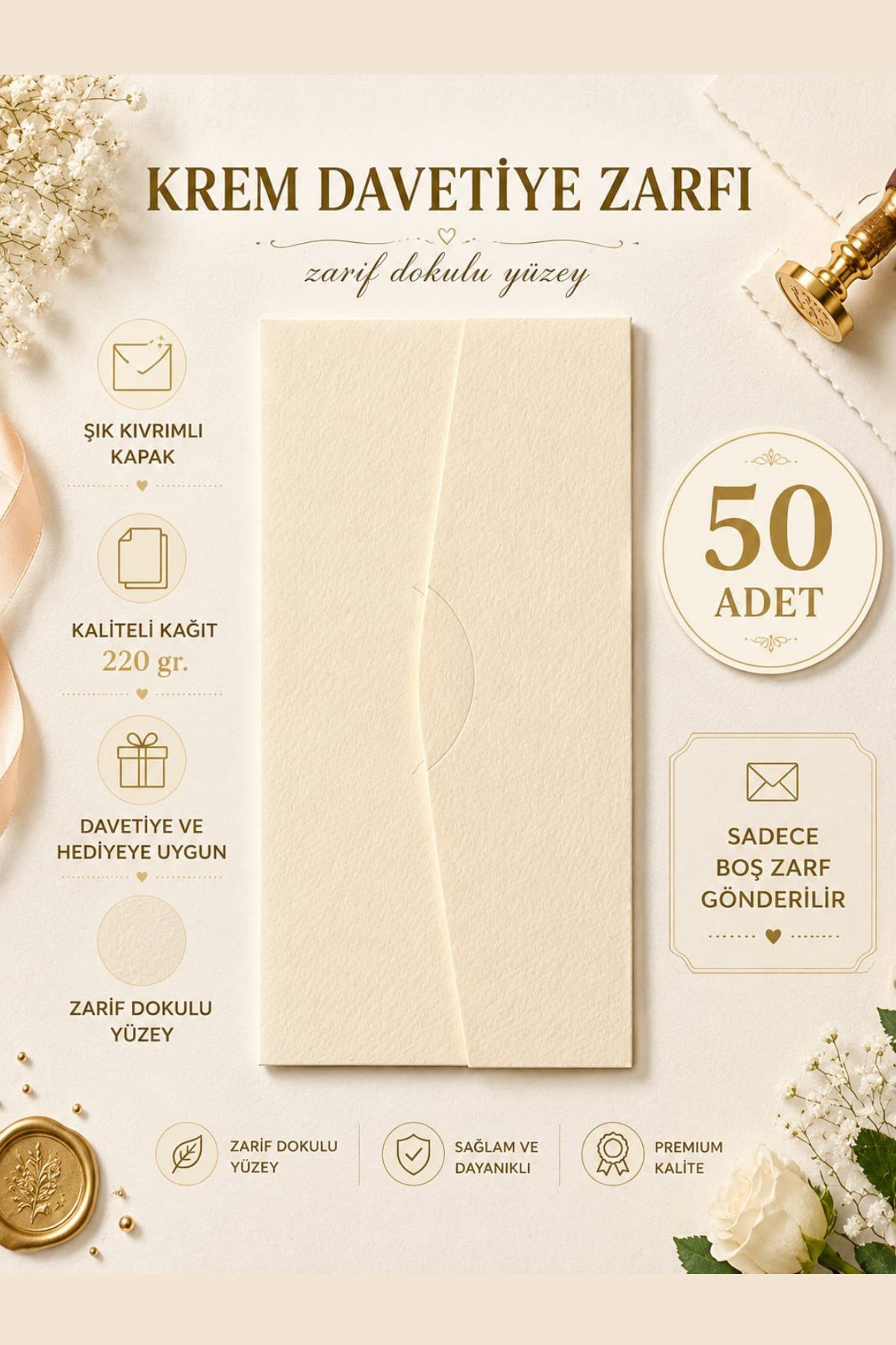 Renkli Dokulu Davetiye Zarfı 50 Adet 11*22cm 220gr (Baskısız boş Zarf)