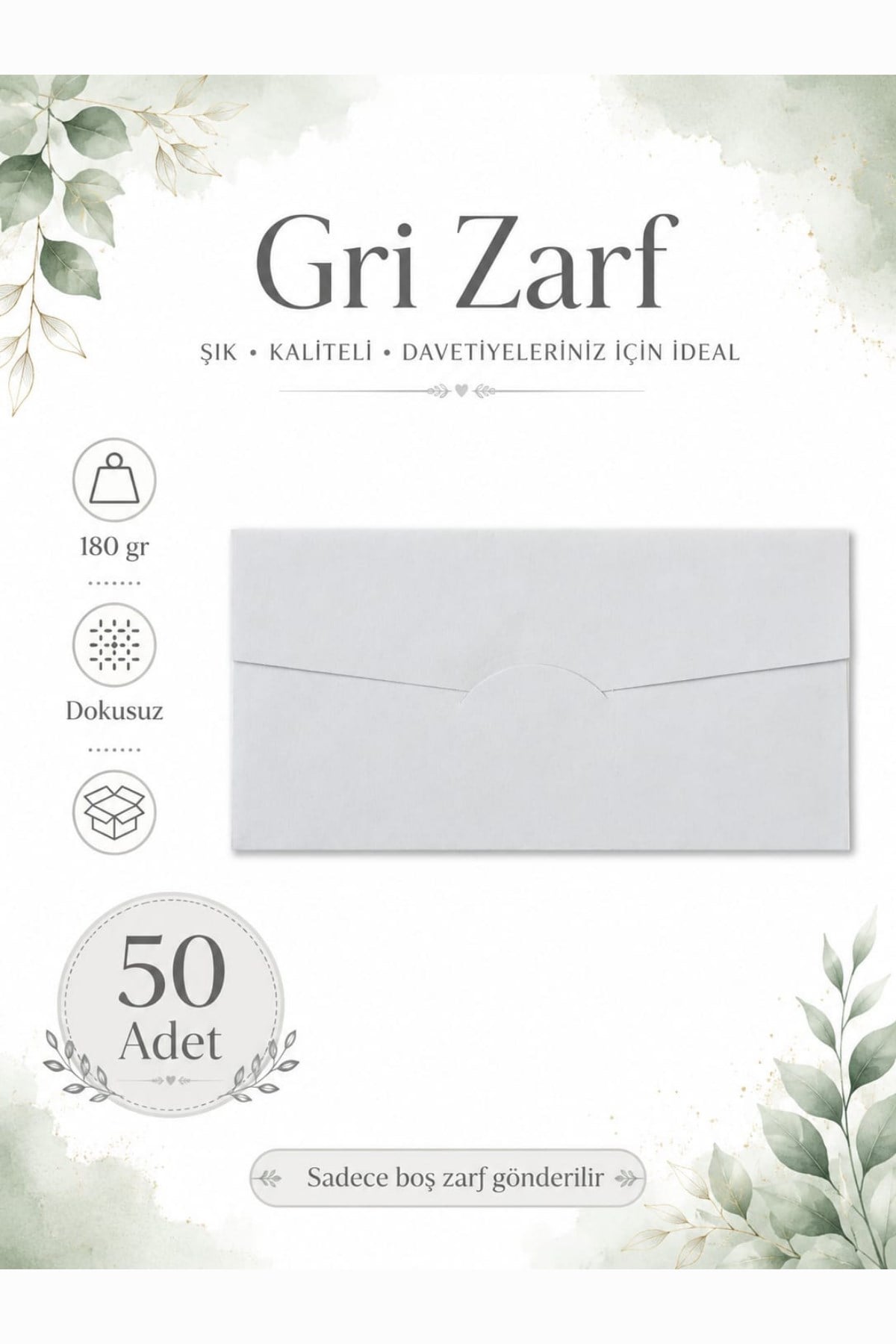 Renkli Dokusuz Davetiye Zarfı 50 Adet 11*22cm 180gr (Baskısız boş Zarf) Gri