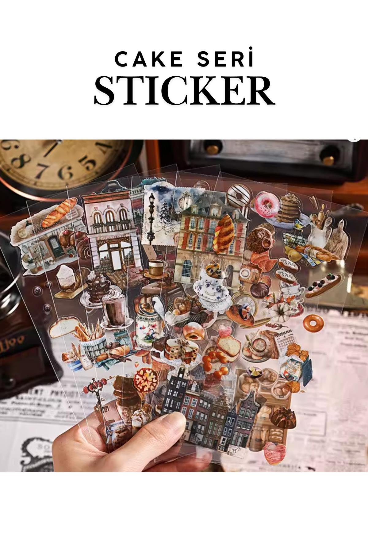 Retro Scrapbook Sticker ( Şeffaf PET ), 6 yaprak 18*10cm, Cake Serisi