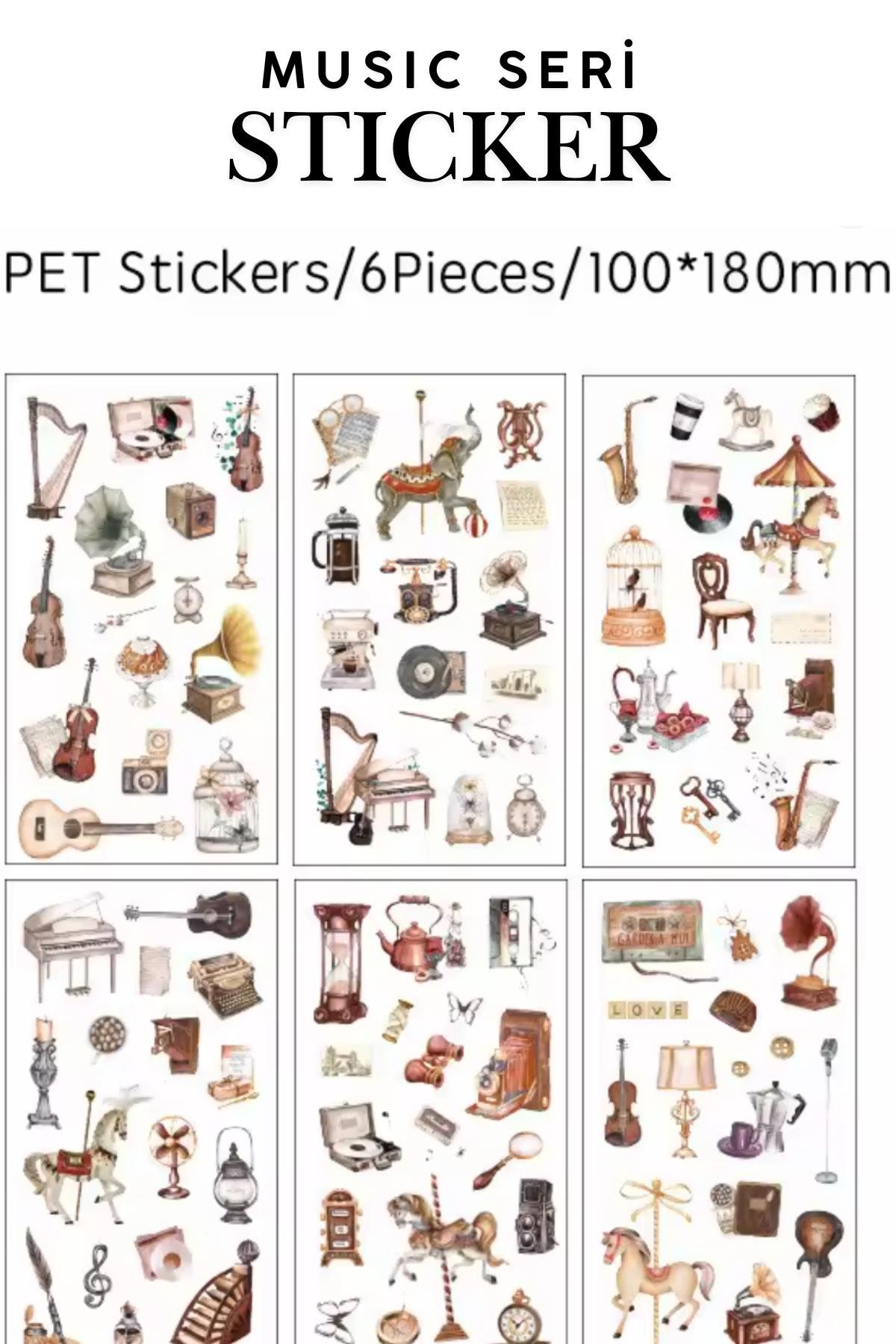 Retro Scrapbook Sticker ( Şeffaf PET ), 6 yaprak 18*10cm