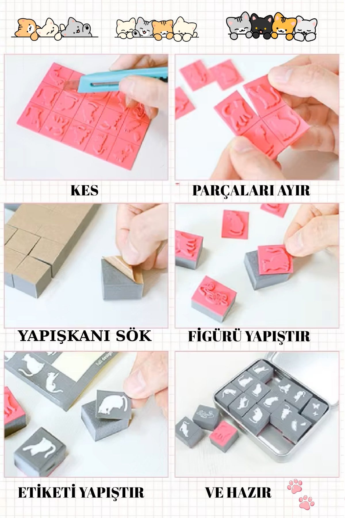 Scrapbook Kedi Damga Seti, 15 Parça+Metal Kutu+Istampa (DIY-Kendin Yap) Eva