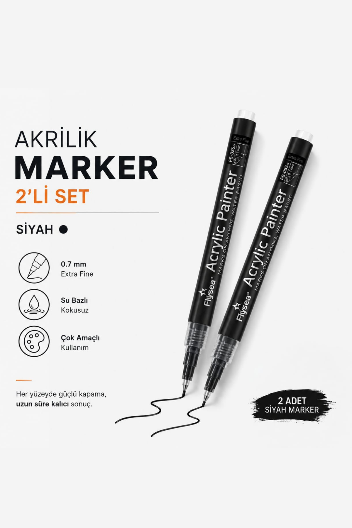 Siyah Akrilik Kalem 2'li Set - Yazı Çizgi Genişliği: 0.7mm