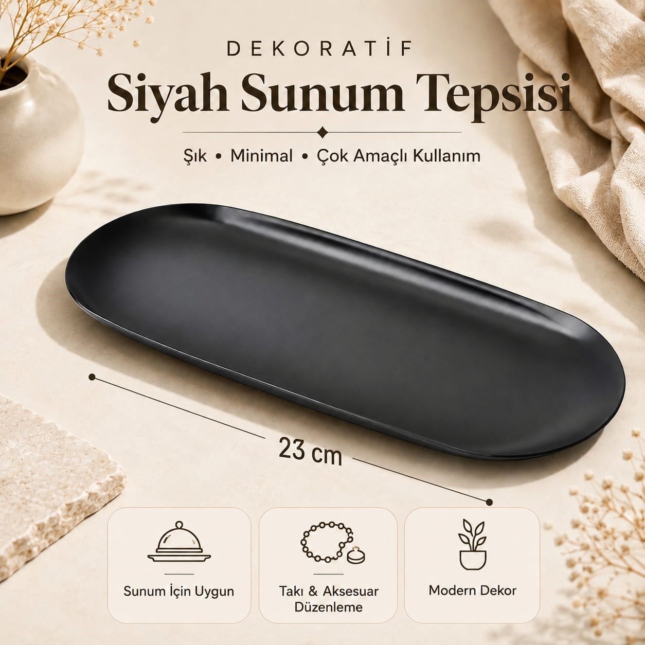 Siyah Dekoratif Sunum Tepsisi 23 cm 1 Adet
