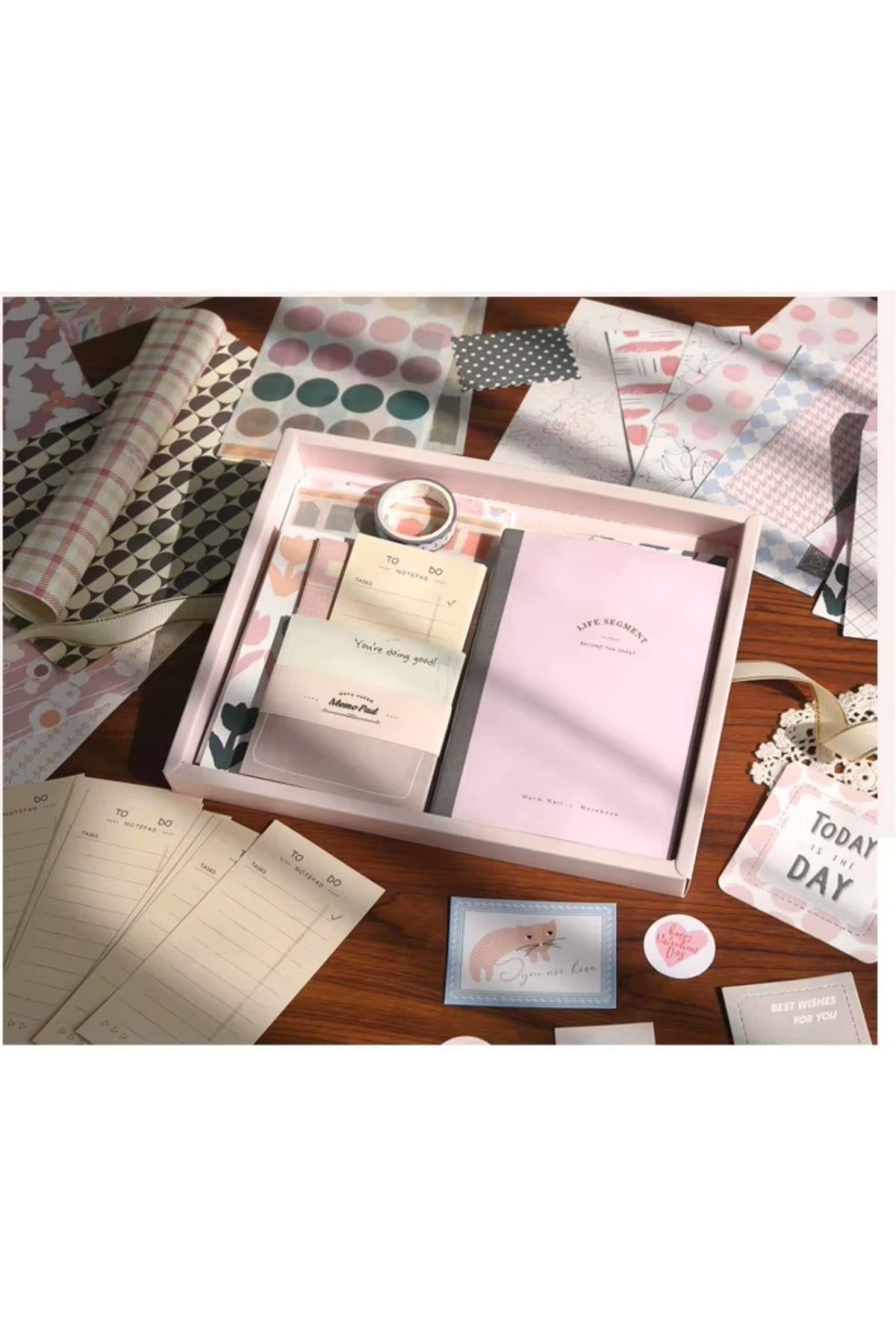 Vintage Journal Defter Hediye Seti, 125 Parça Scrapbook Set (Pink Serisi)