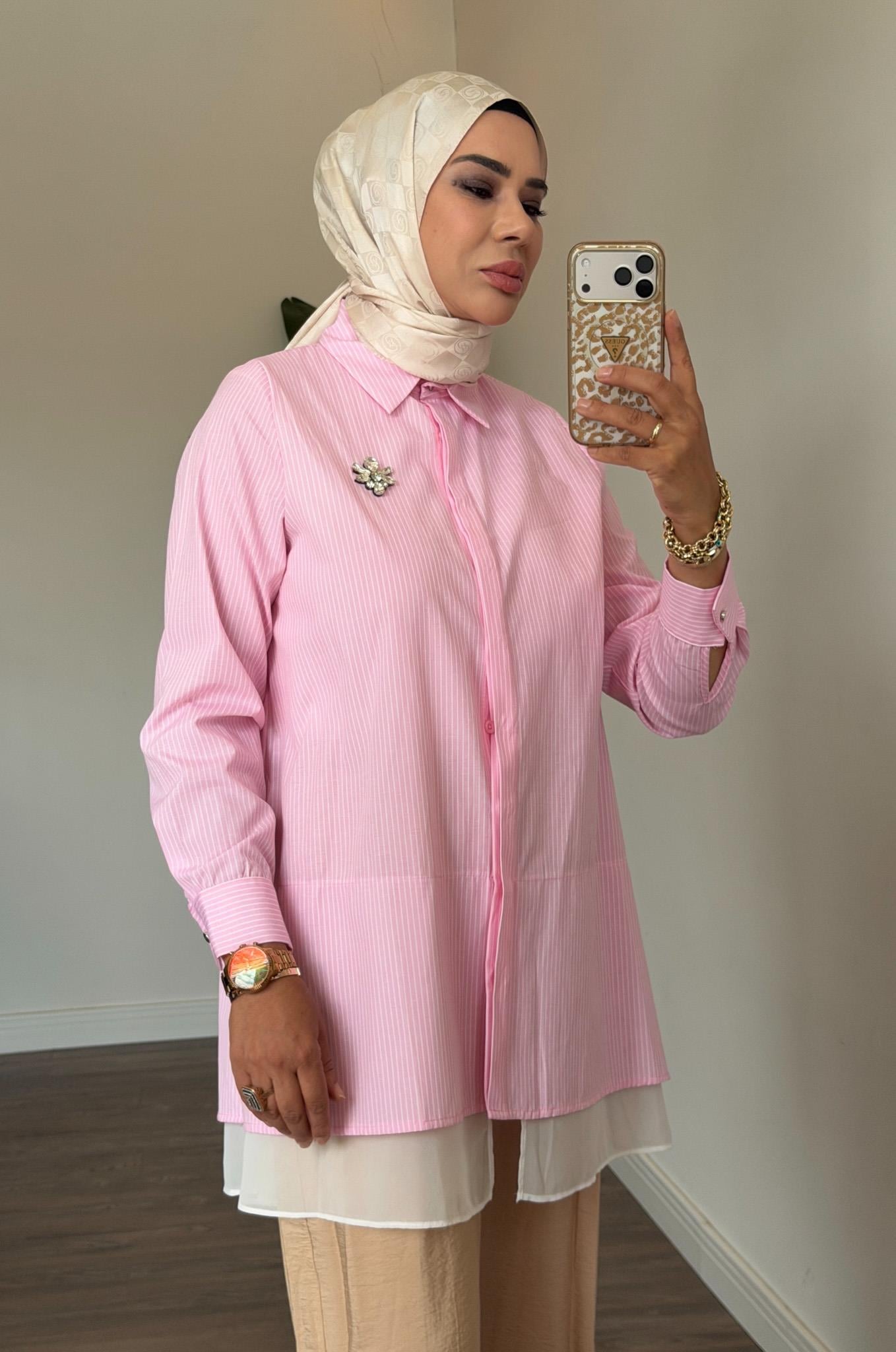 Aksesuar Detaylı Çizgili Gömlek - Pembe