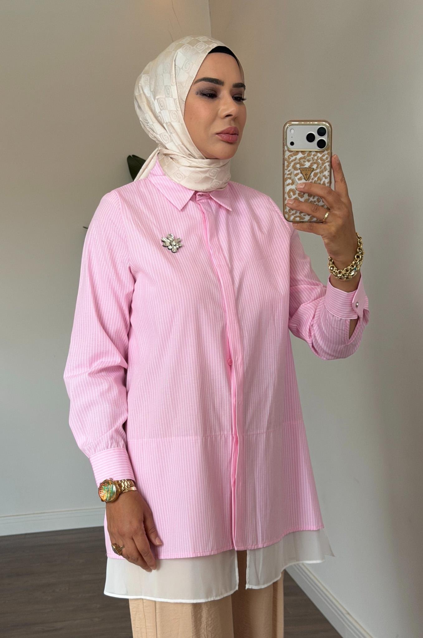 Aksesuar Detaylı Çizgili Gömlek - Pembe