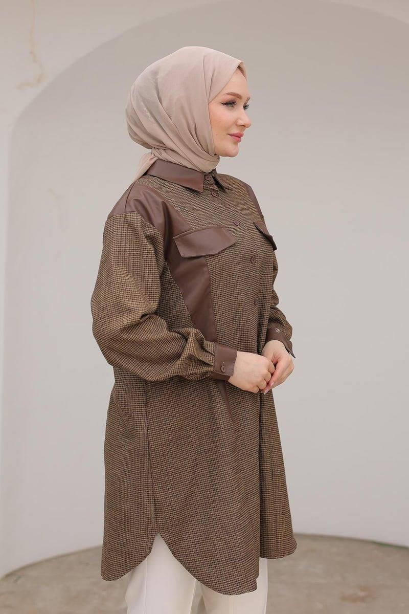 Armine Çift Cepli Sırt Deri Detaylı Ekose Gömlek Tunik - Camel