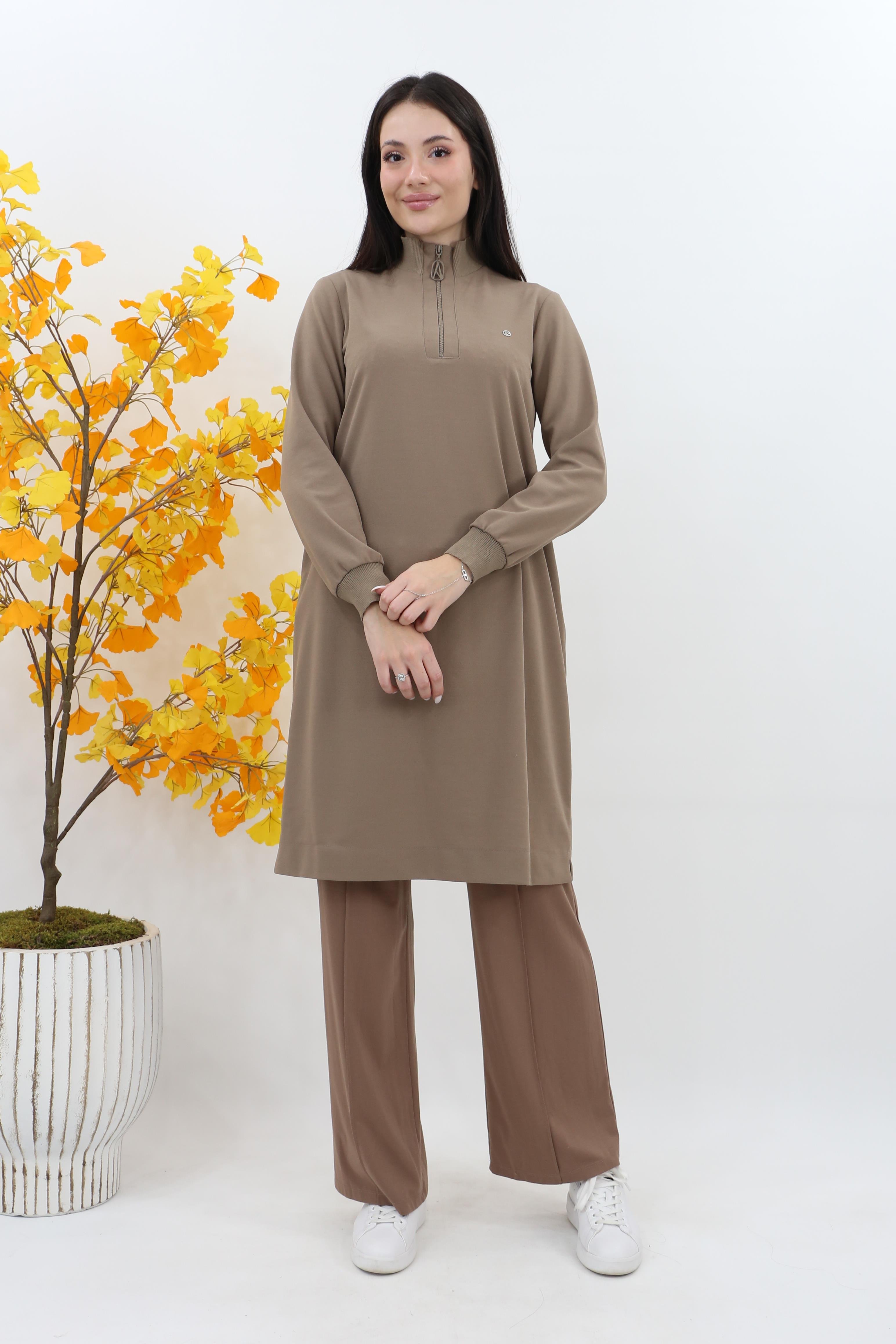 Armine  Dik Yaka Fermuarlı Basic Tunik 25kt456 - vizon