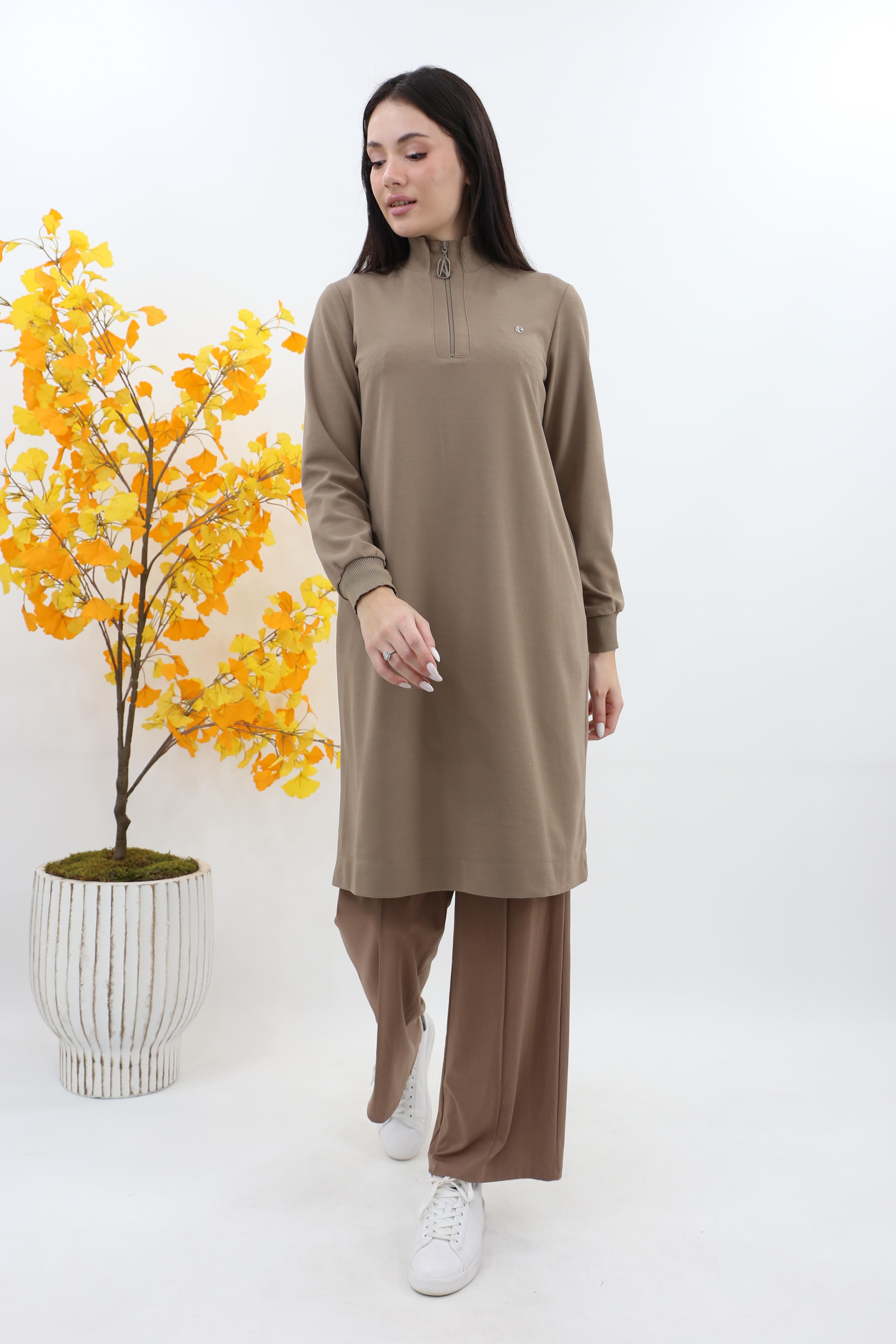 Armine  Dik Yaka Fermuarlı Basic Tunik 25kt456 - vizon