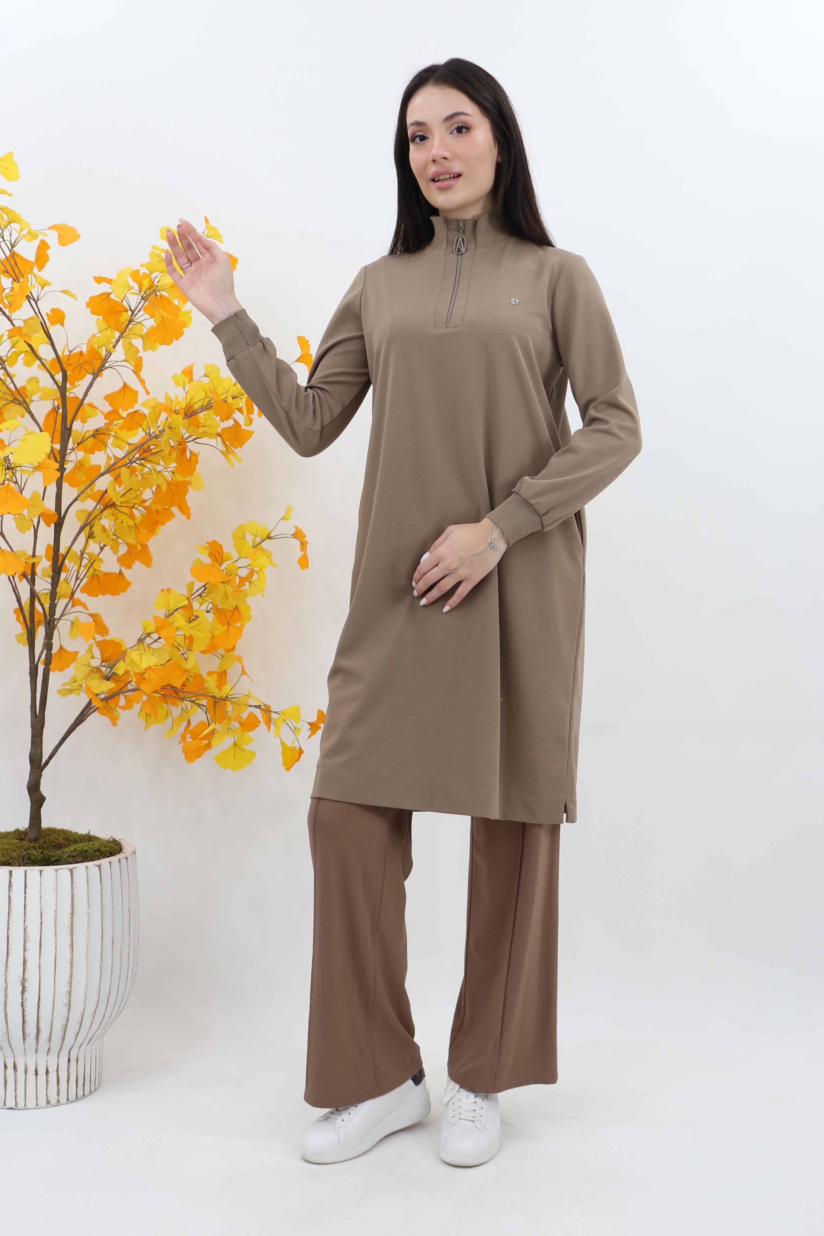 Armine  Dik Yaka Fermuarlı Basic Tunik 25kt456 - vizon