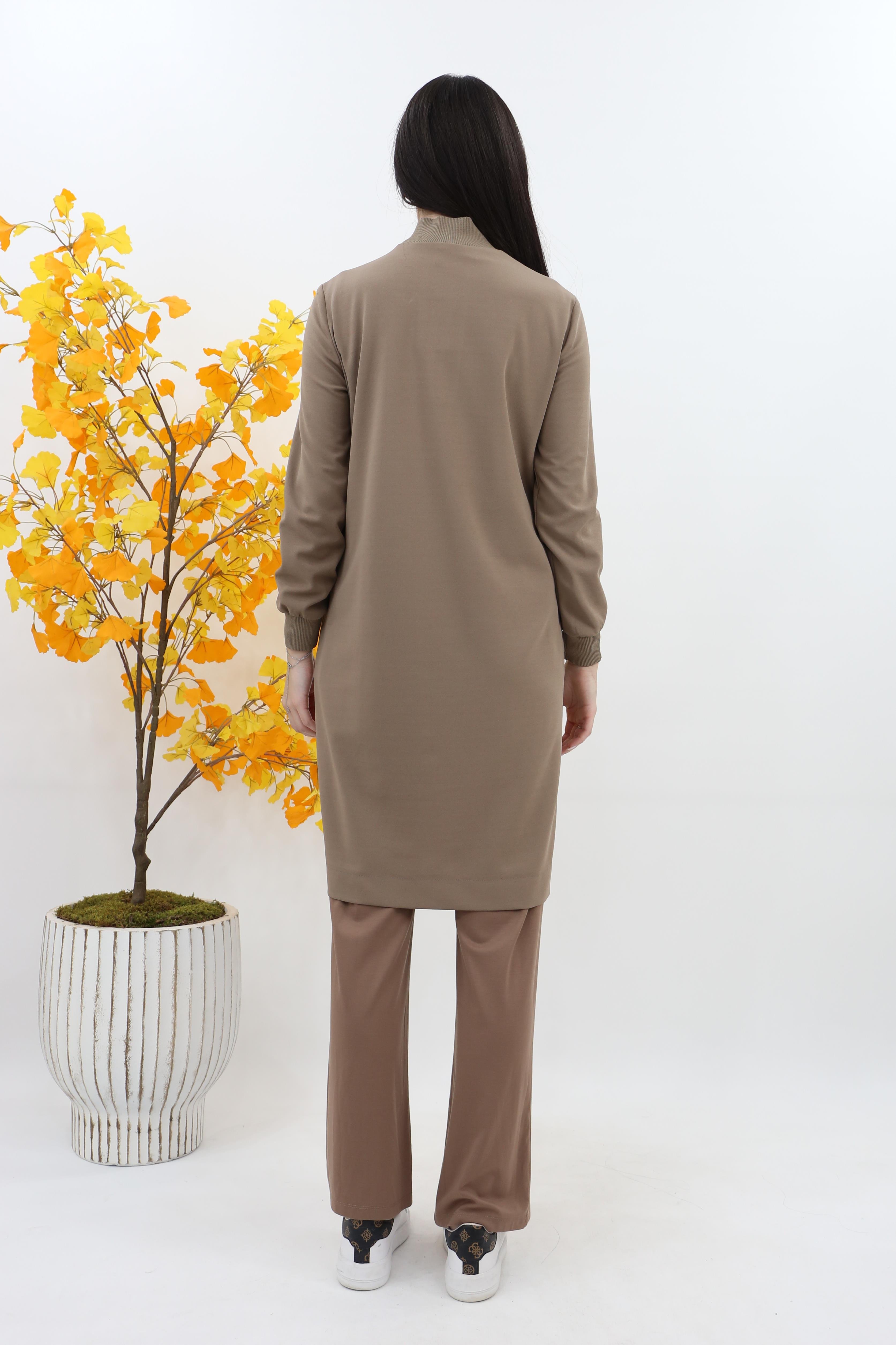 Armine  Dik Yaka Fermuarlı Basic Tunik 25kt456 - vizon