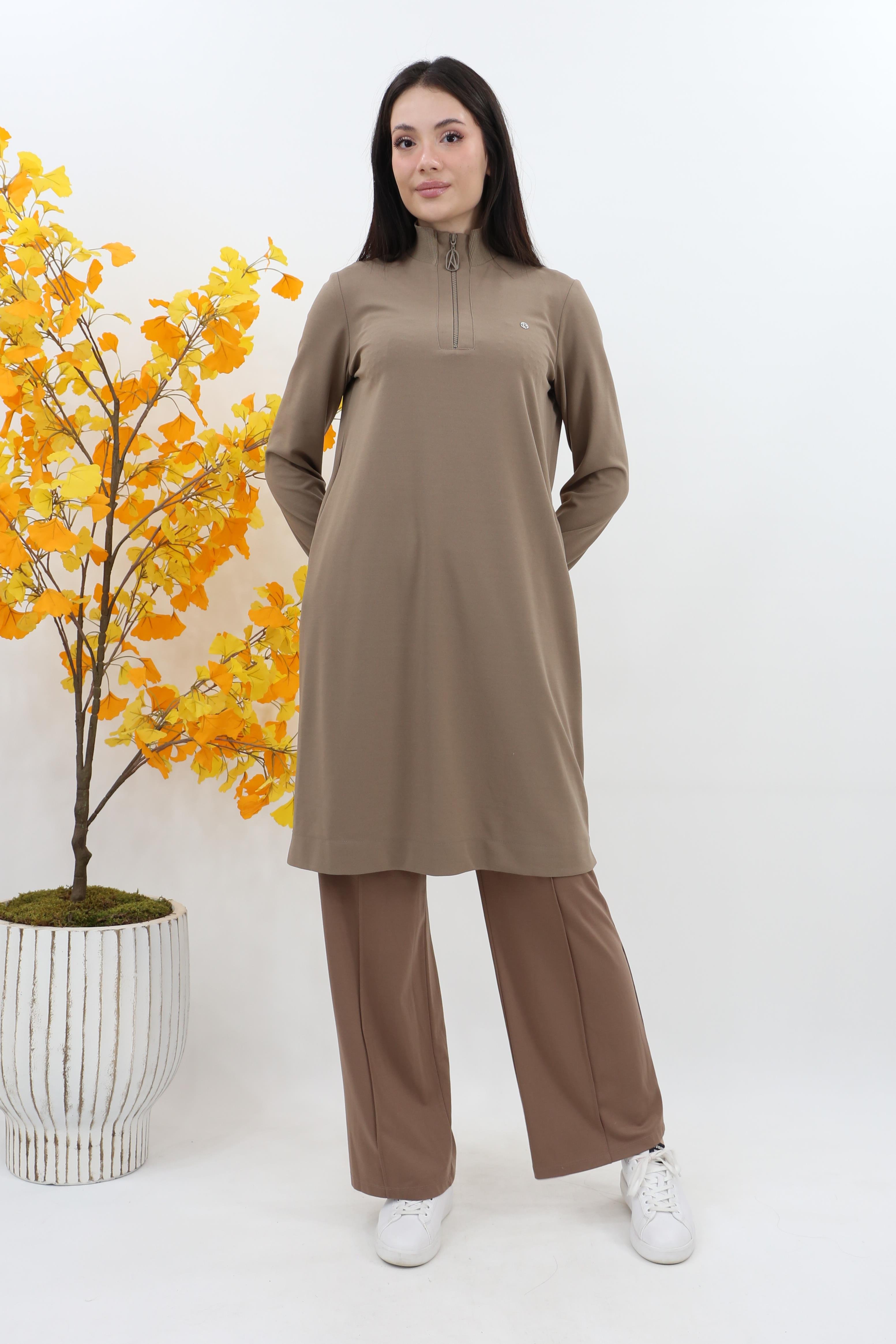 Armine  Dik Yaka Fermuarlı Basic Tunik 25kt456 - vizon