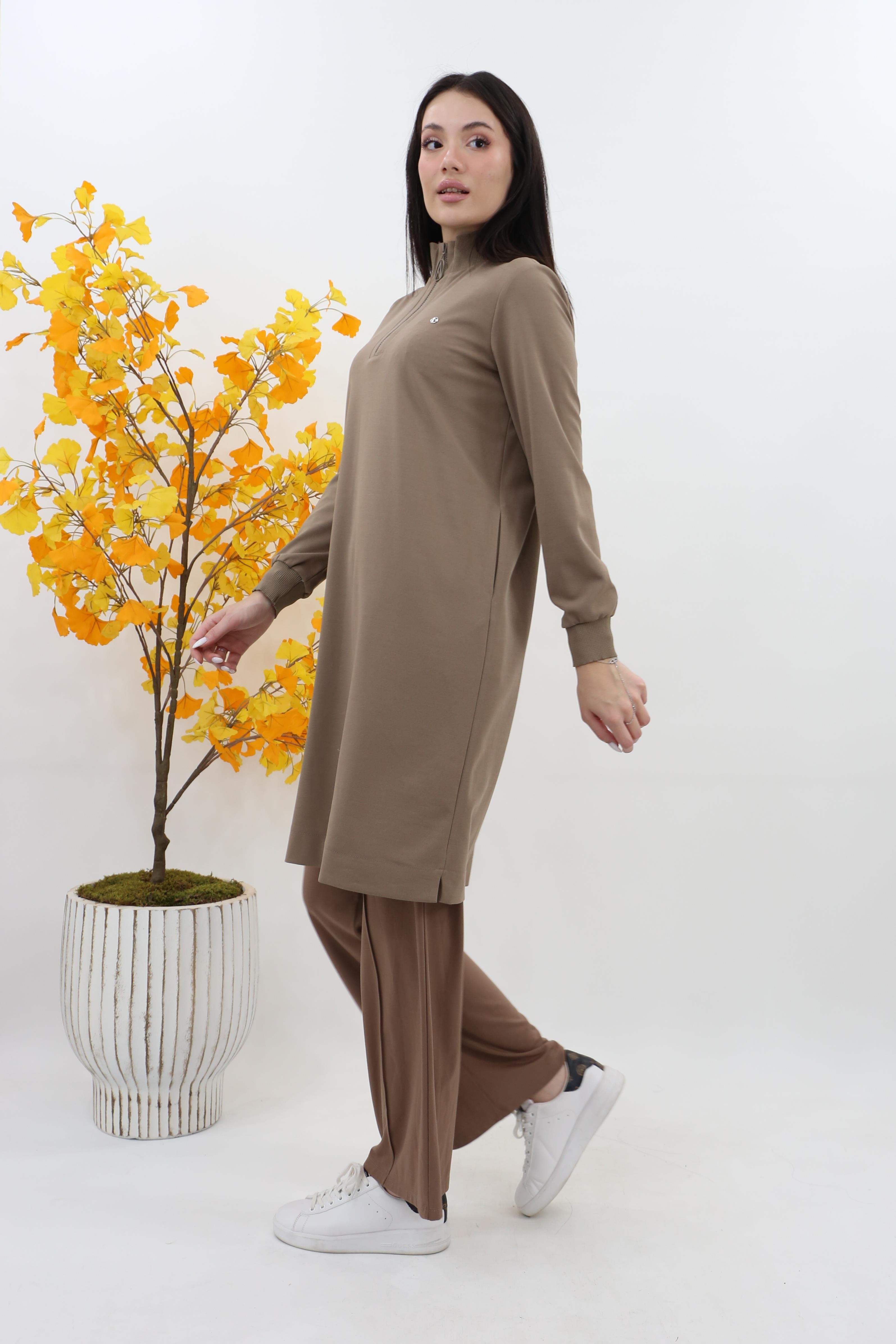 Armine  Dik Yaka Fermuarlı Basic Tunik 25kt456 - vizon