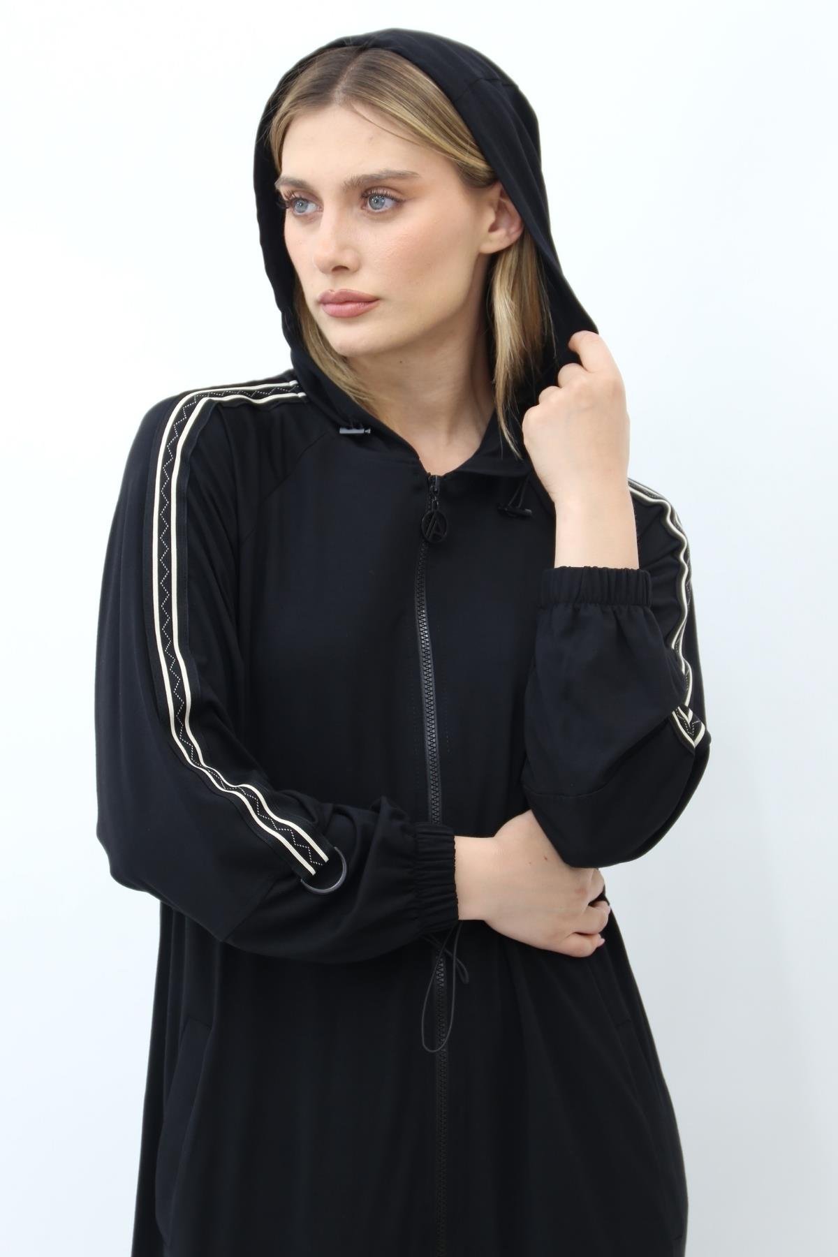 Armine Kolları Çizgi Detaylı Beli Lastikli Ferace - Siyah