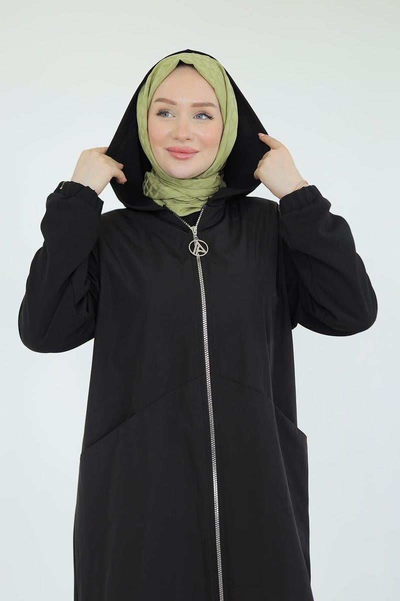 Armine Paraşüt Kumaş Kapüşonlu Ferace - Siyah
