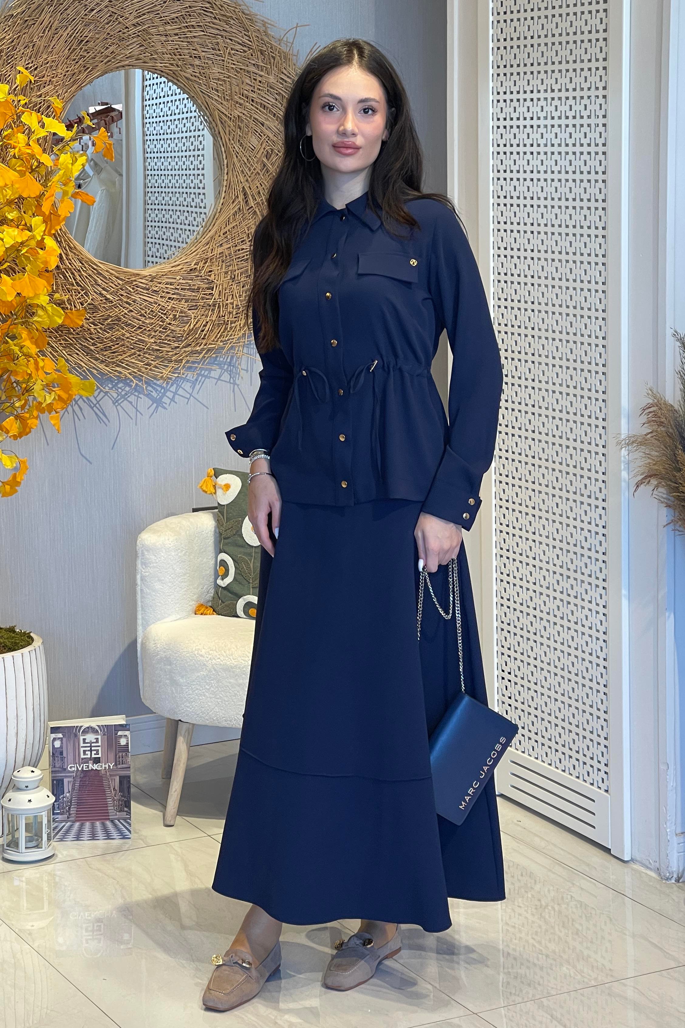 Armine Trend Bel Büzgü Detay Etekli Takım 25KT665 - Lacivert