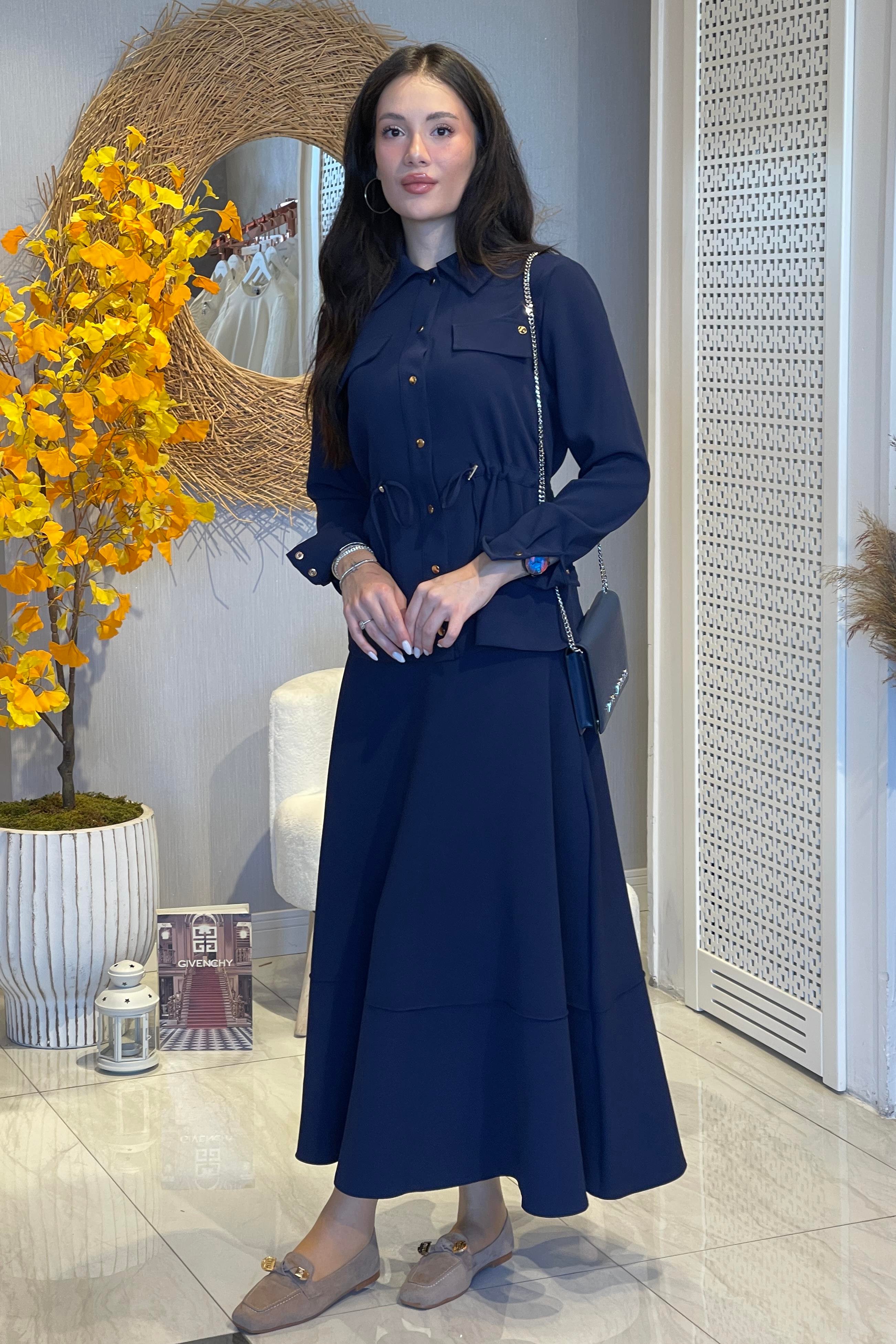 Armine Trend Bel Büzgü Detay Etekli Takım 25KT665 - Lacivert