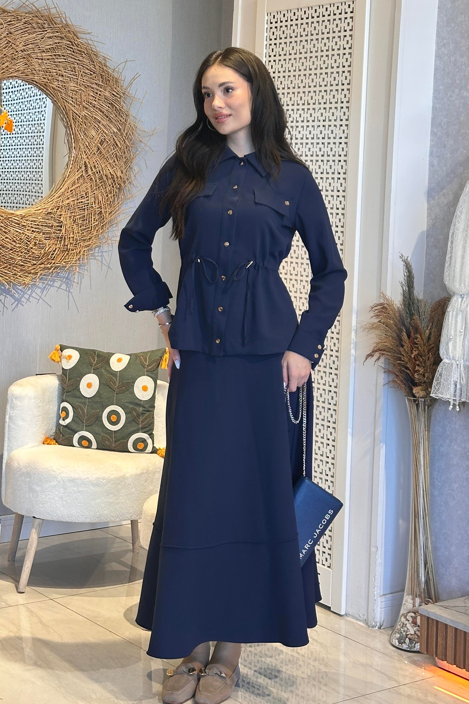 Armine Trend Bel Büzgü Detay Etekli Takım 25KT665 - Lacivert