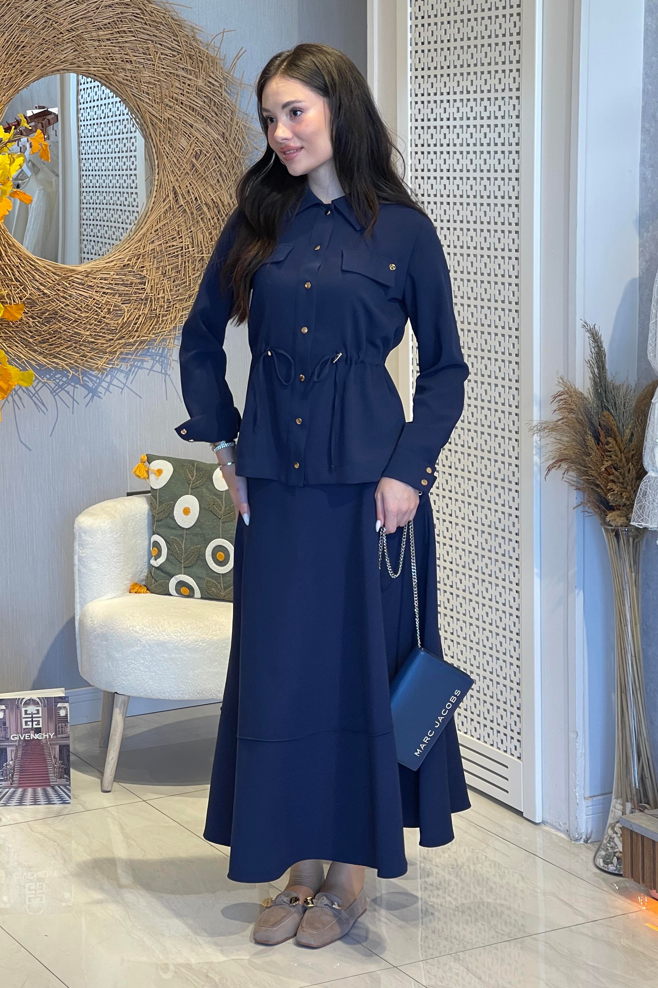 Armine Trend Bel Büzgü Detay Etekli Takım 25KT665 - Lacivert