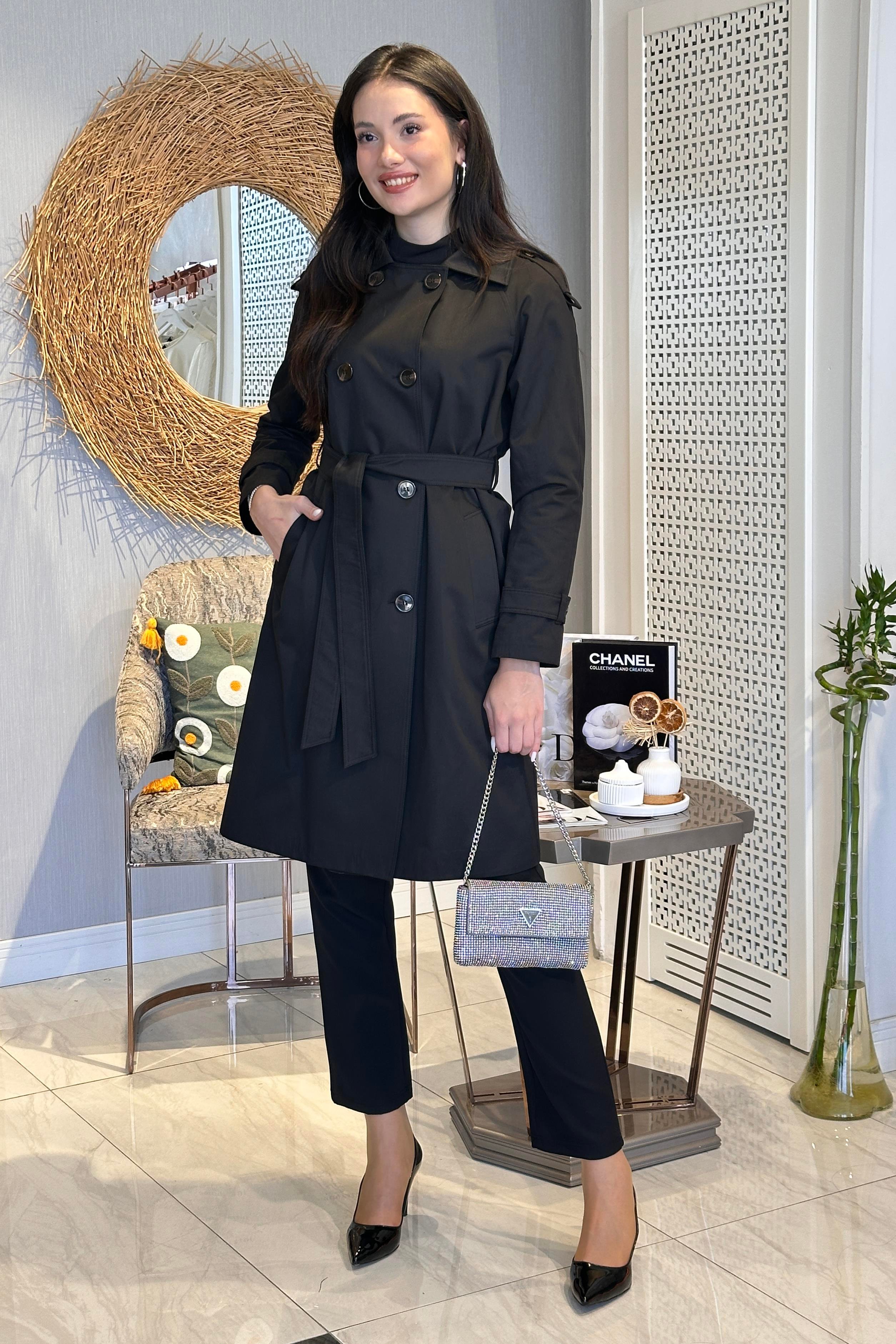 Armine Trend Çift Düğme Detay Trençkot 25KT713 - Siyah