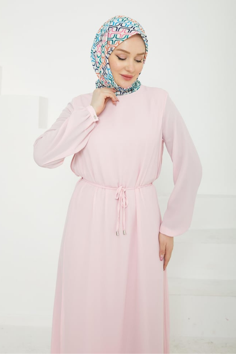 Armine Yırtmaç Detaylı Belden Bağcıklı Şİfon Elbise - Açık Pembe