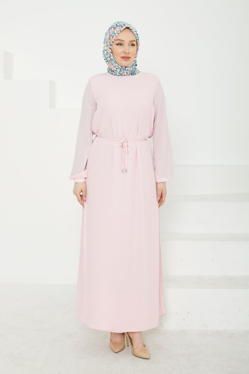 Armine Yırtmaç Detaylı Belden Bağcıklı Şİfon Elbise - Açık Pembe
