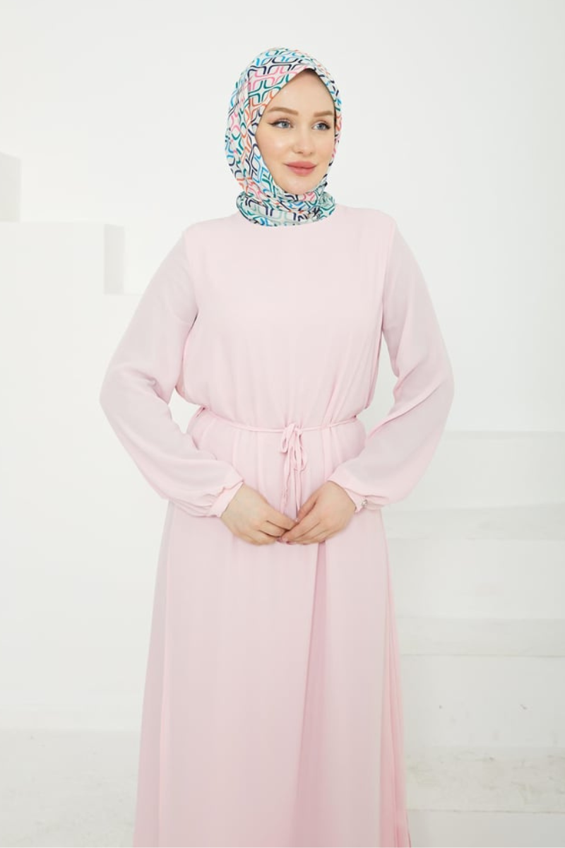Armine Yırtmaç Detaylı Belden Bağcıklı Şİfon Elbise - Açık Pembe