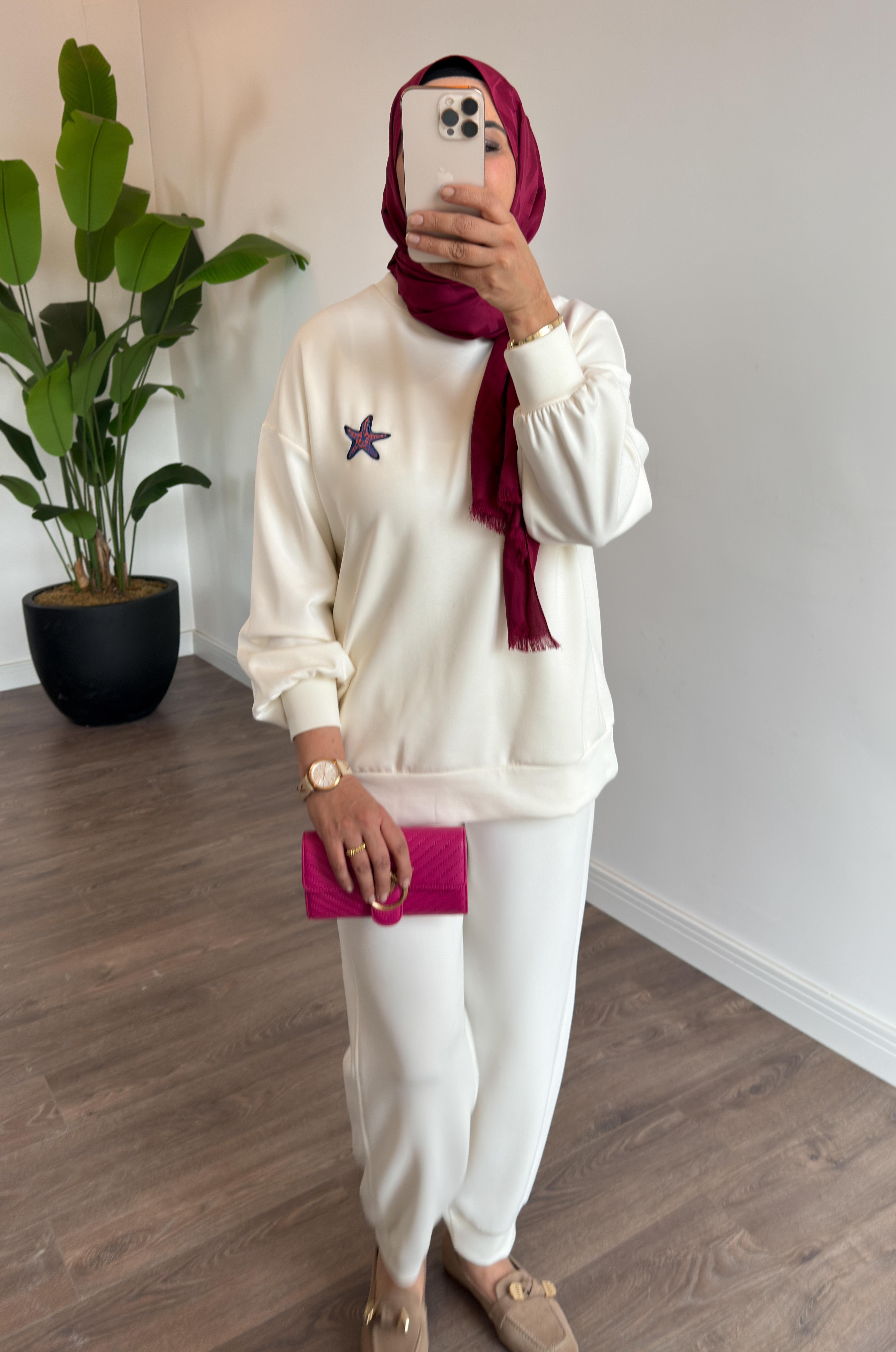 Balık Baskı Detay Oversize Sweat Tunik - Ekru
