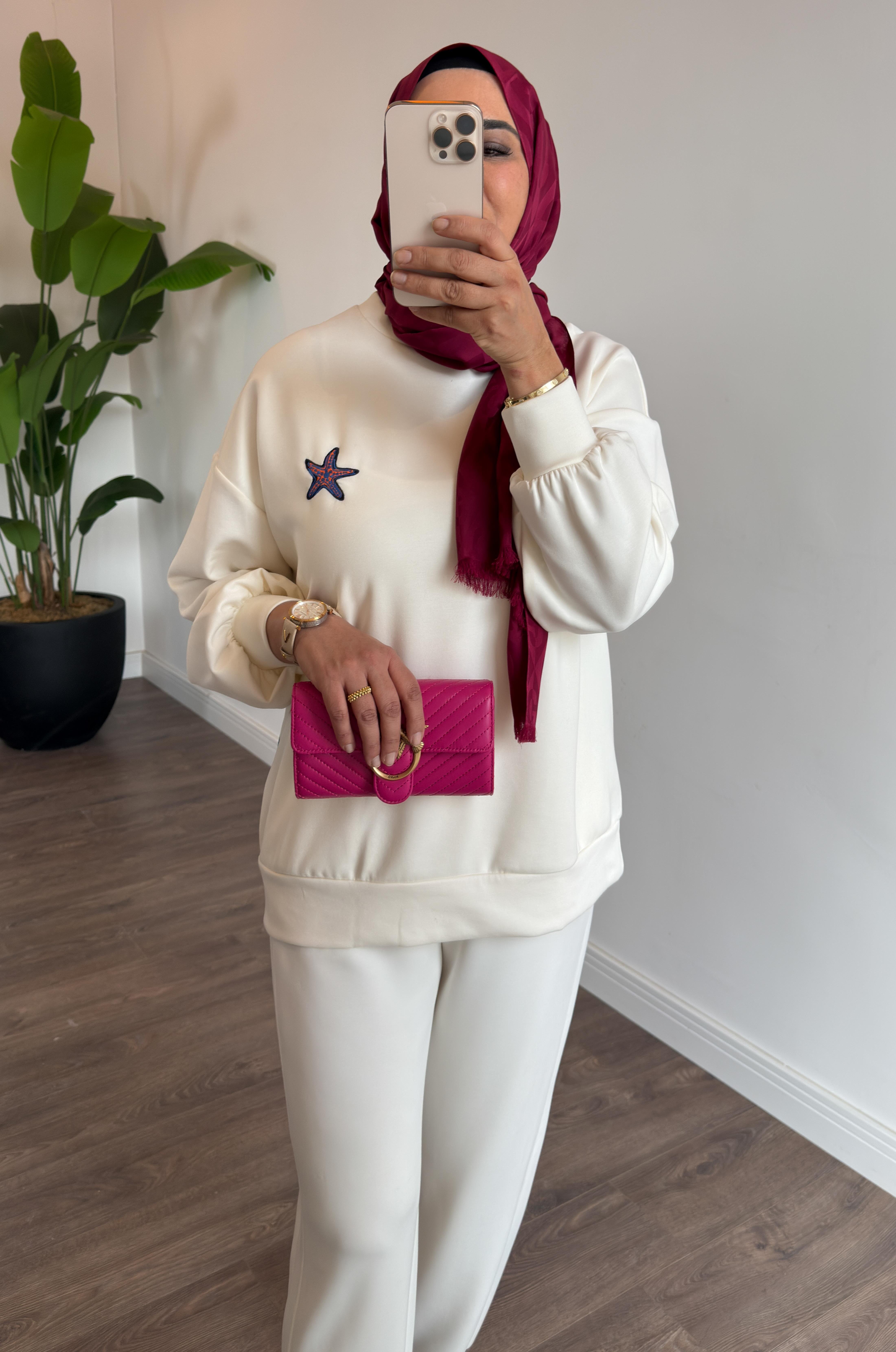 Balık Baskı Detay Oversize Sweat Tunik - Ekru