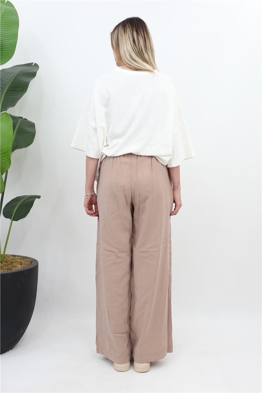 Beli Lastikli Bağlamalı Bol Pantolon - Camel