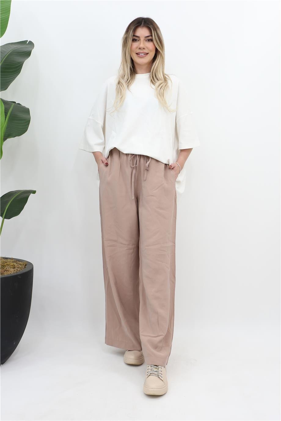 Beli Lastikli Bağlamalı Bol Pantolon - Camel