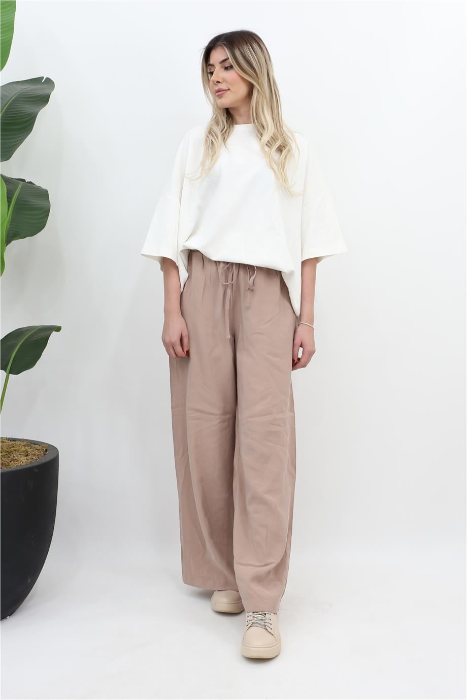 Beli Lastikli Bağlamalı Bol Pantolon - Camel