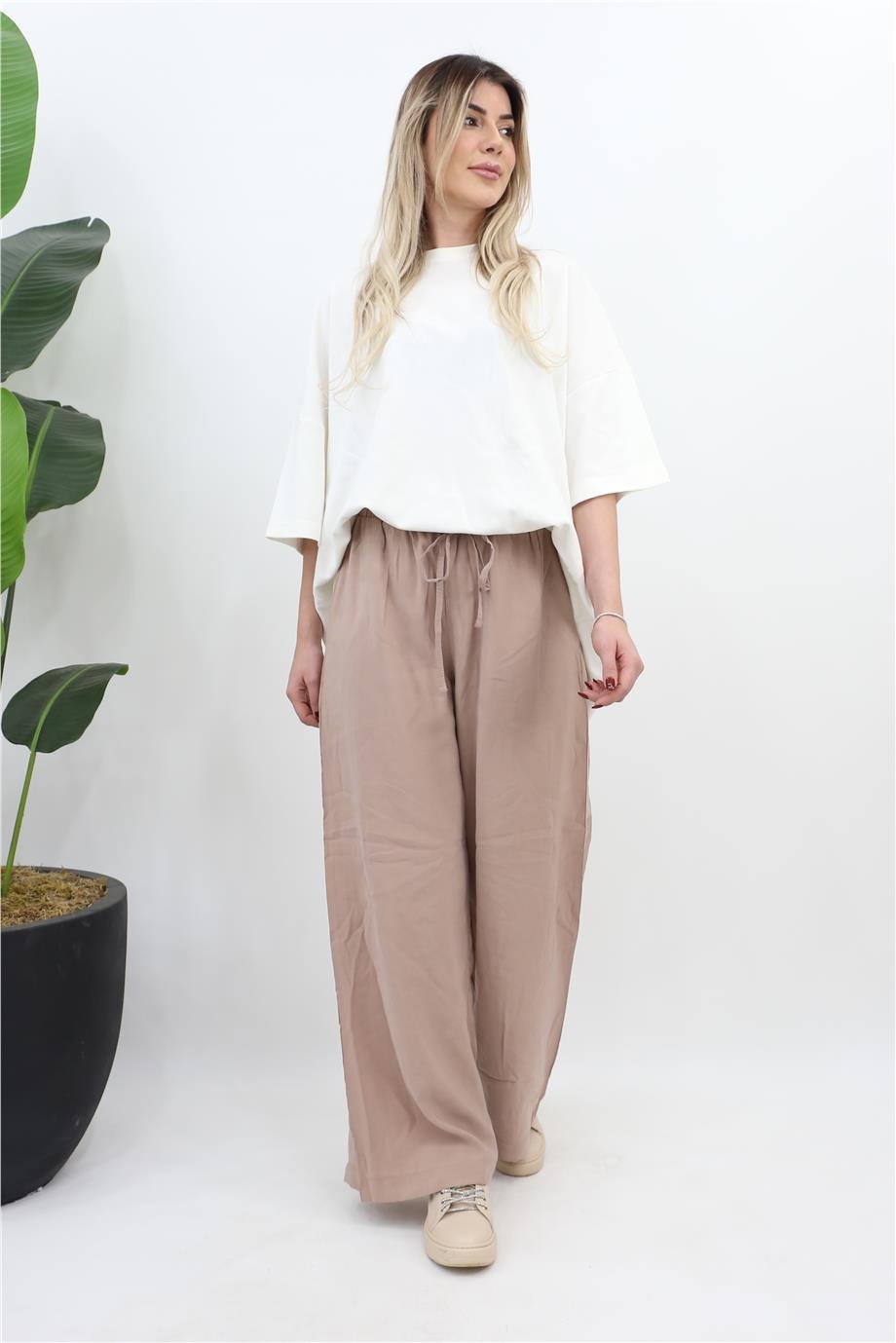 Beli Lastikli Bağlamalı Bol Pantolon - Camel