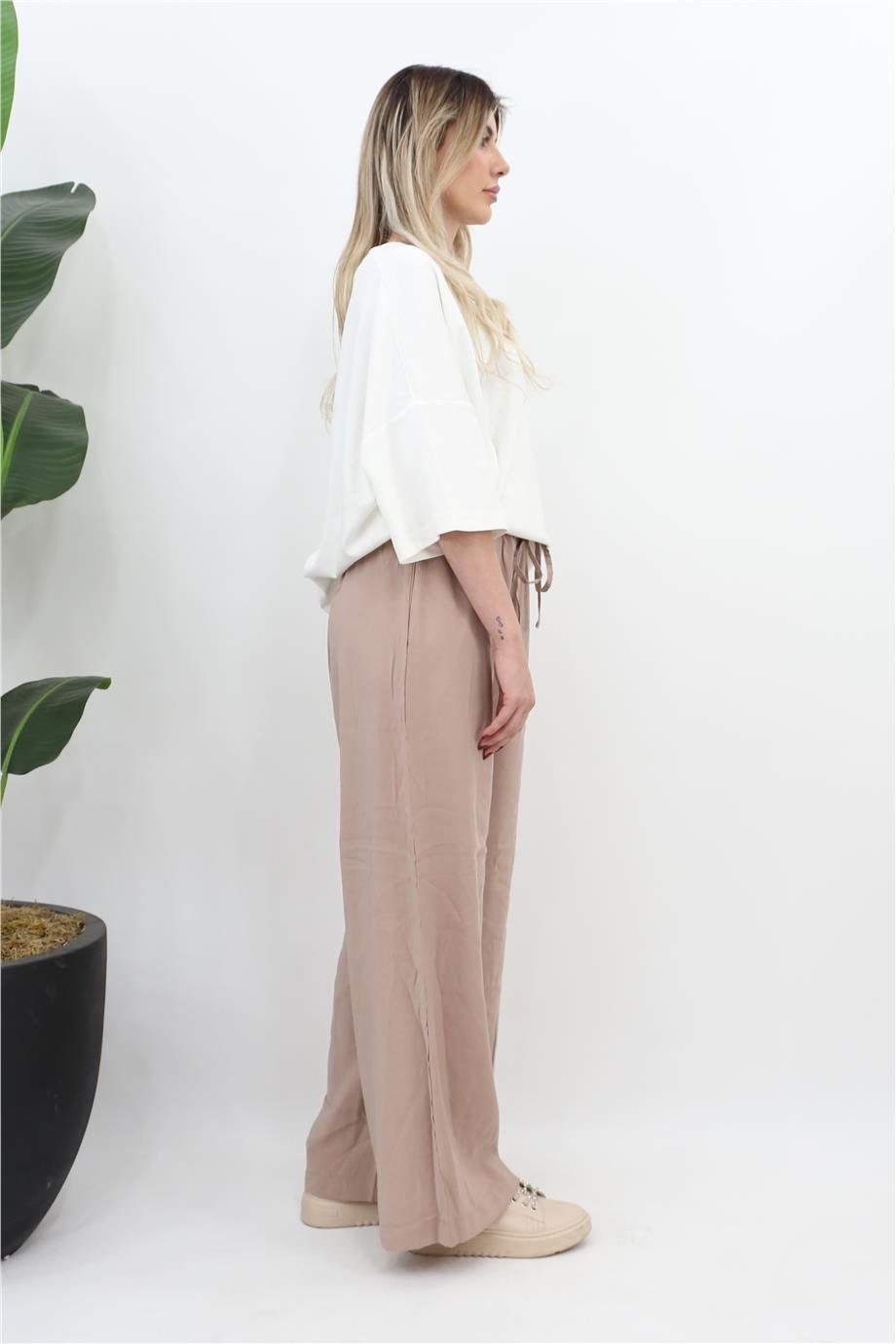 Beli Lastikli Bağlamalı Bol Pantolon - Camel
