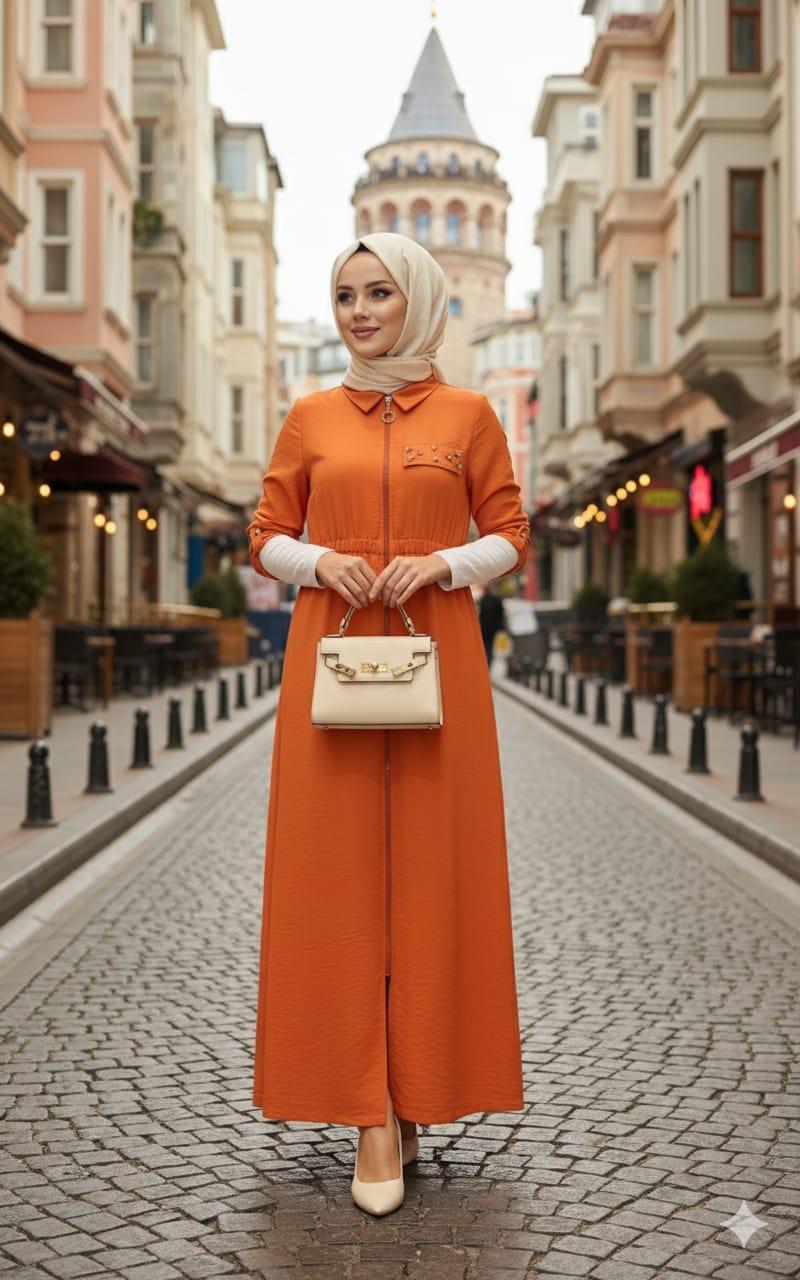 Beli Lastikli Fermuarlı Paraşüt Elbise - Turuncu