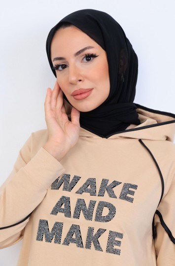 Biye Detaylı Yazılı Sweatshırt - Bej