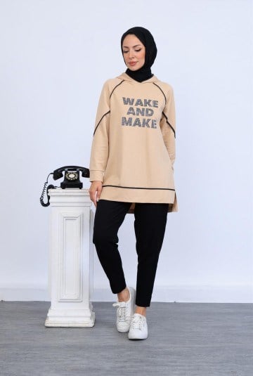 Biye Detaylı Yazılı Sweatshırt - Bej