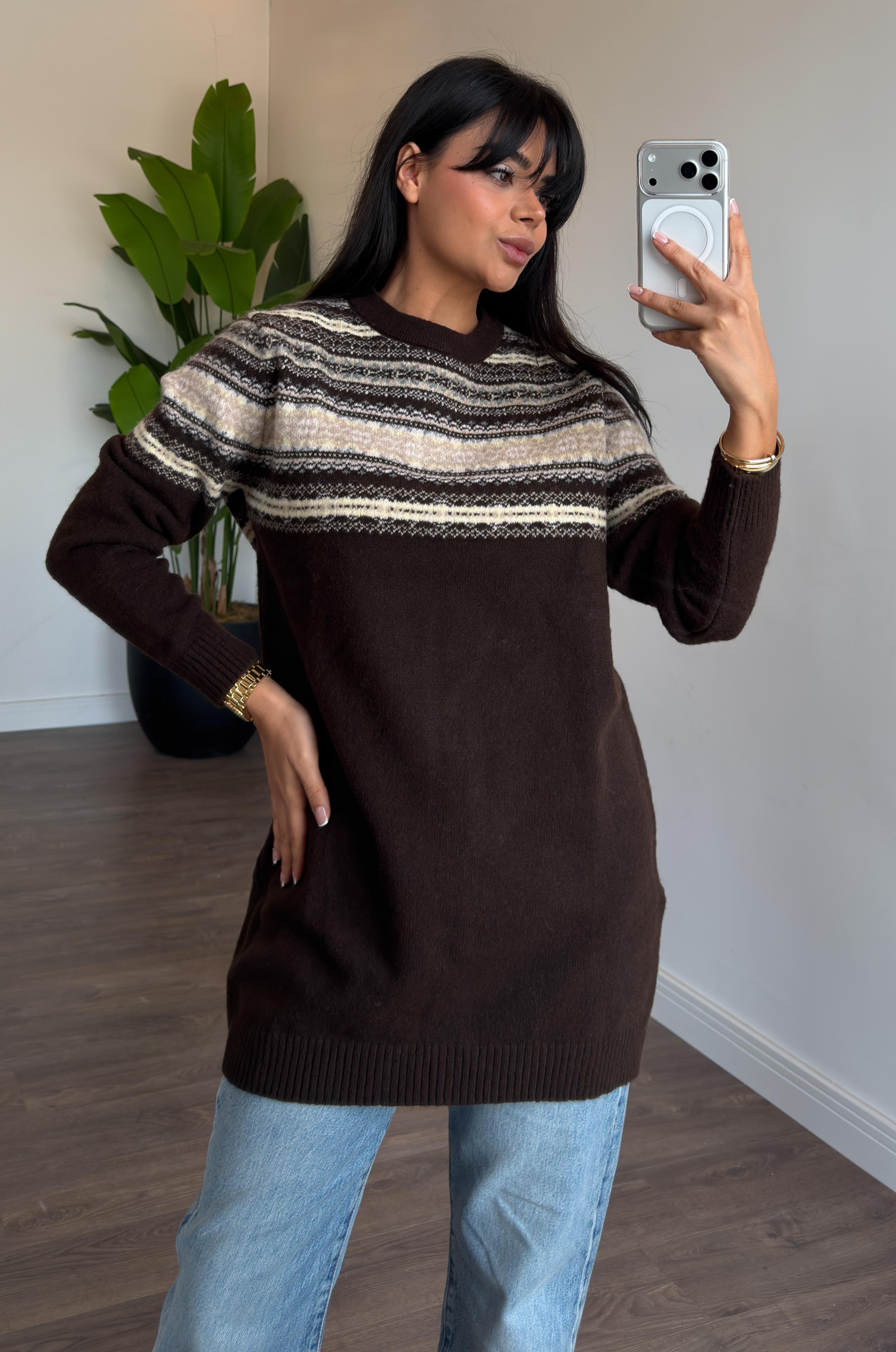 Cashmer Etnik Desen Tunik - Kahve