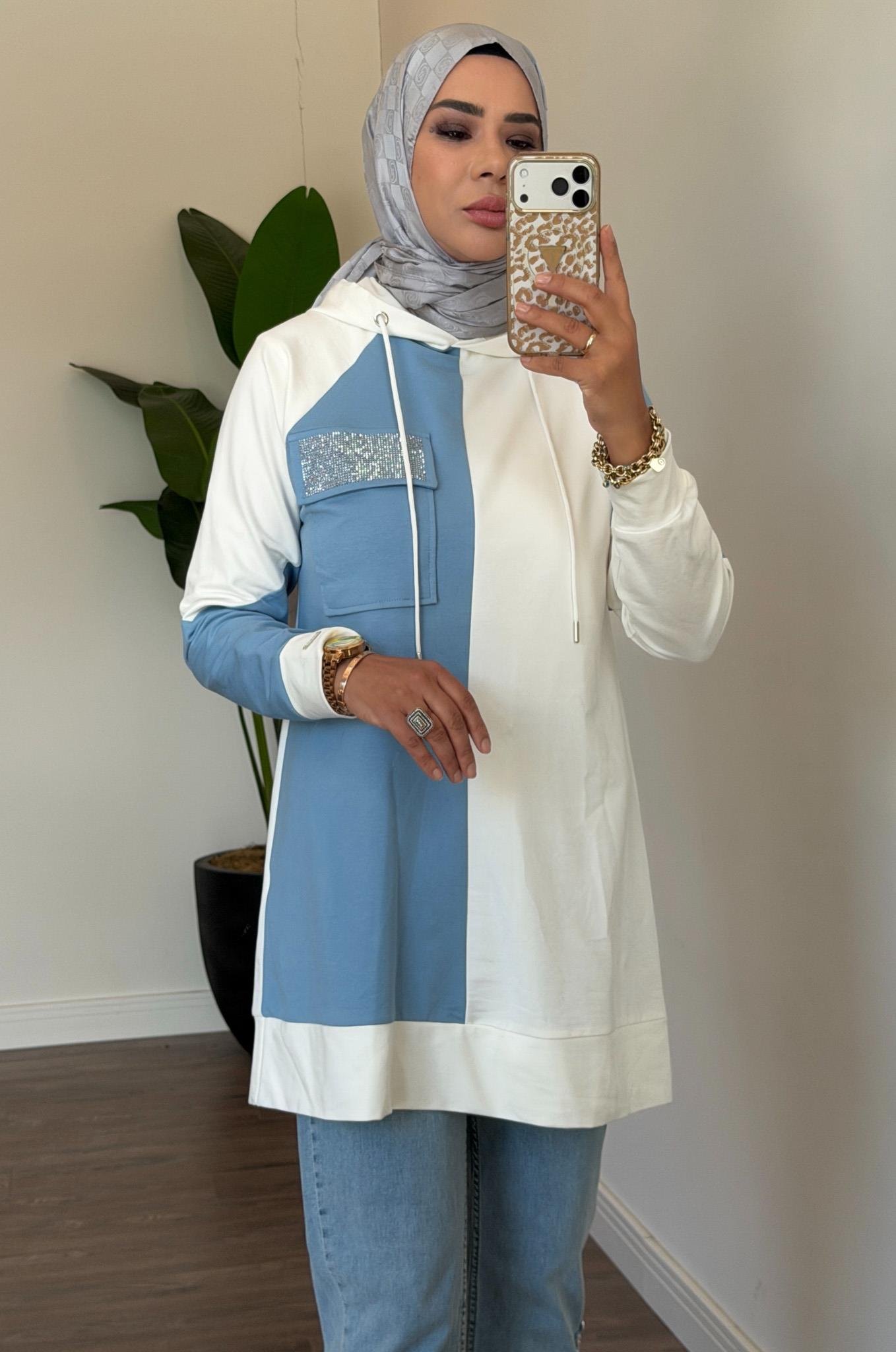 Cebi Taşlı Kapüşonlu Tunik - Mavi