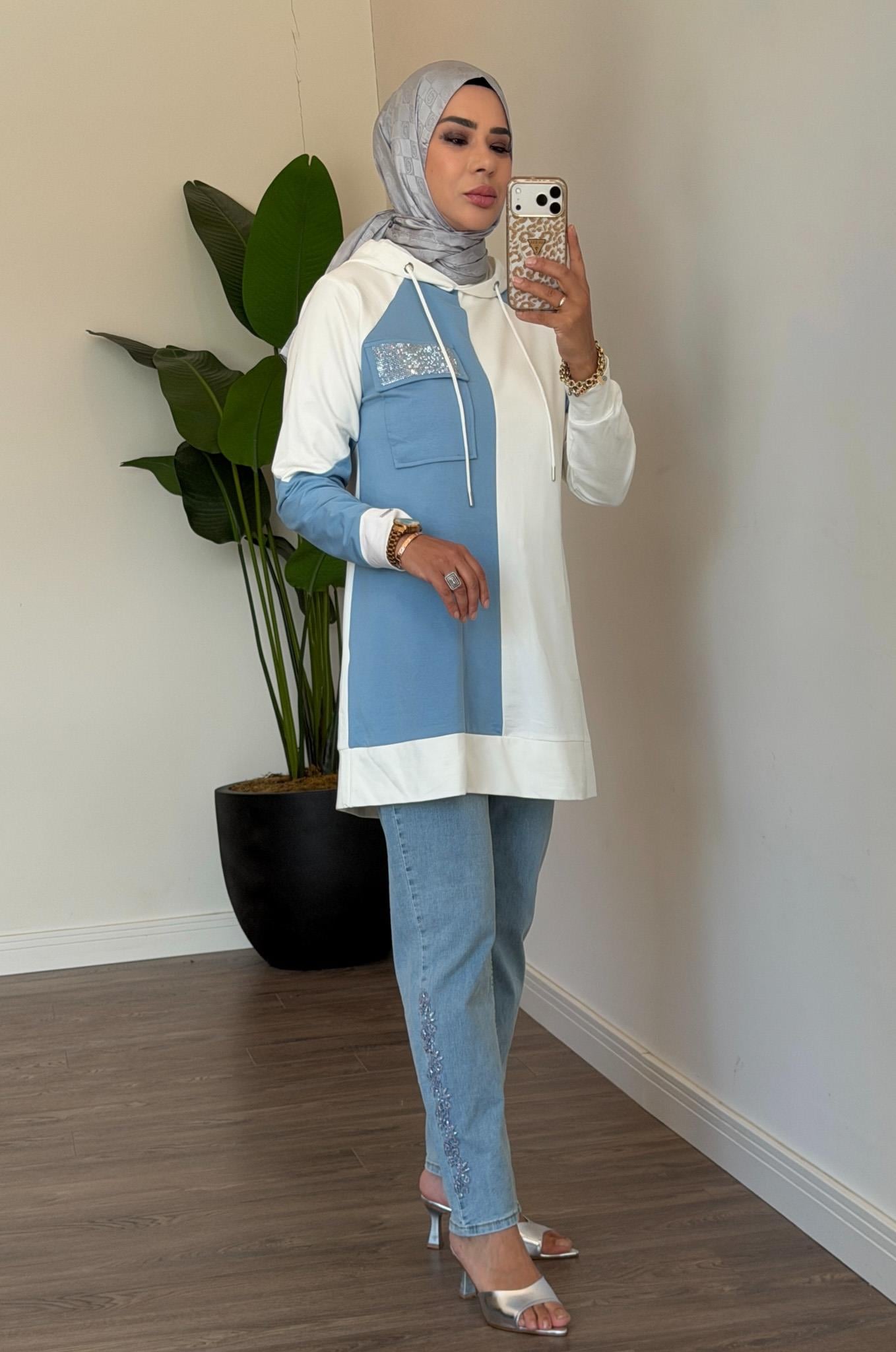 Cebi Taşlı Kapüşonlu Tunik - Mavi