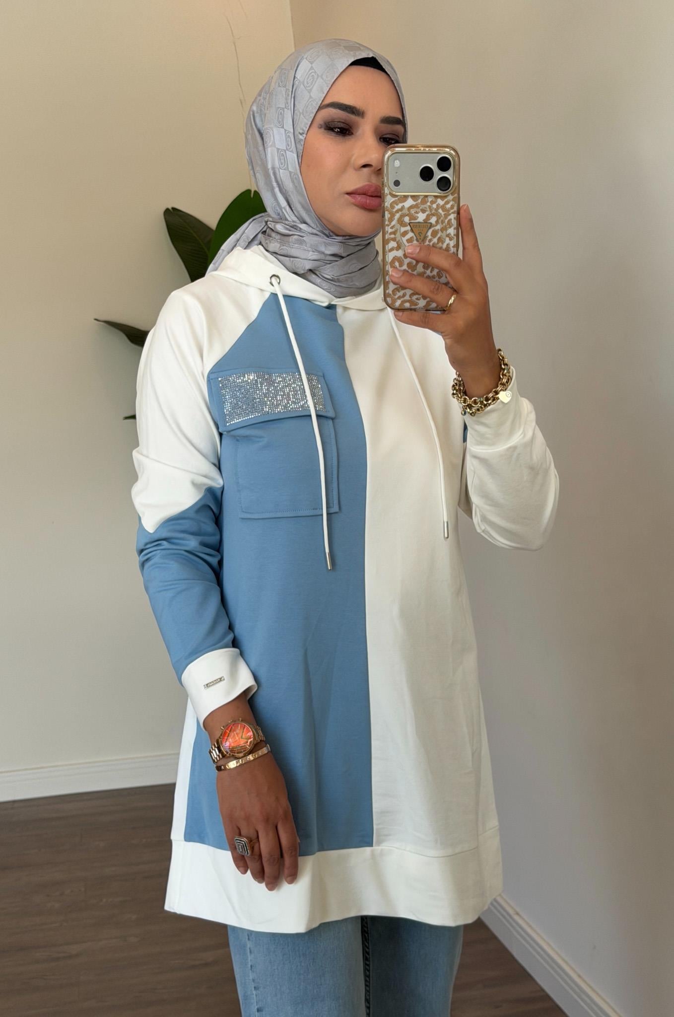 Cebi Taşlı Kapüşonlu Tunik - Mavi