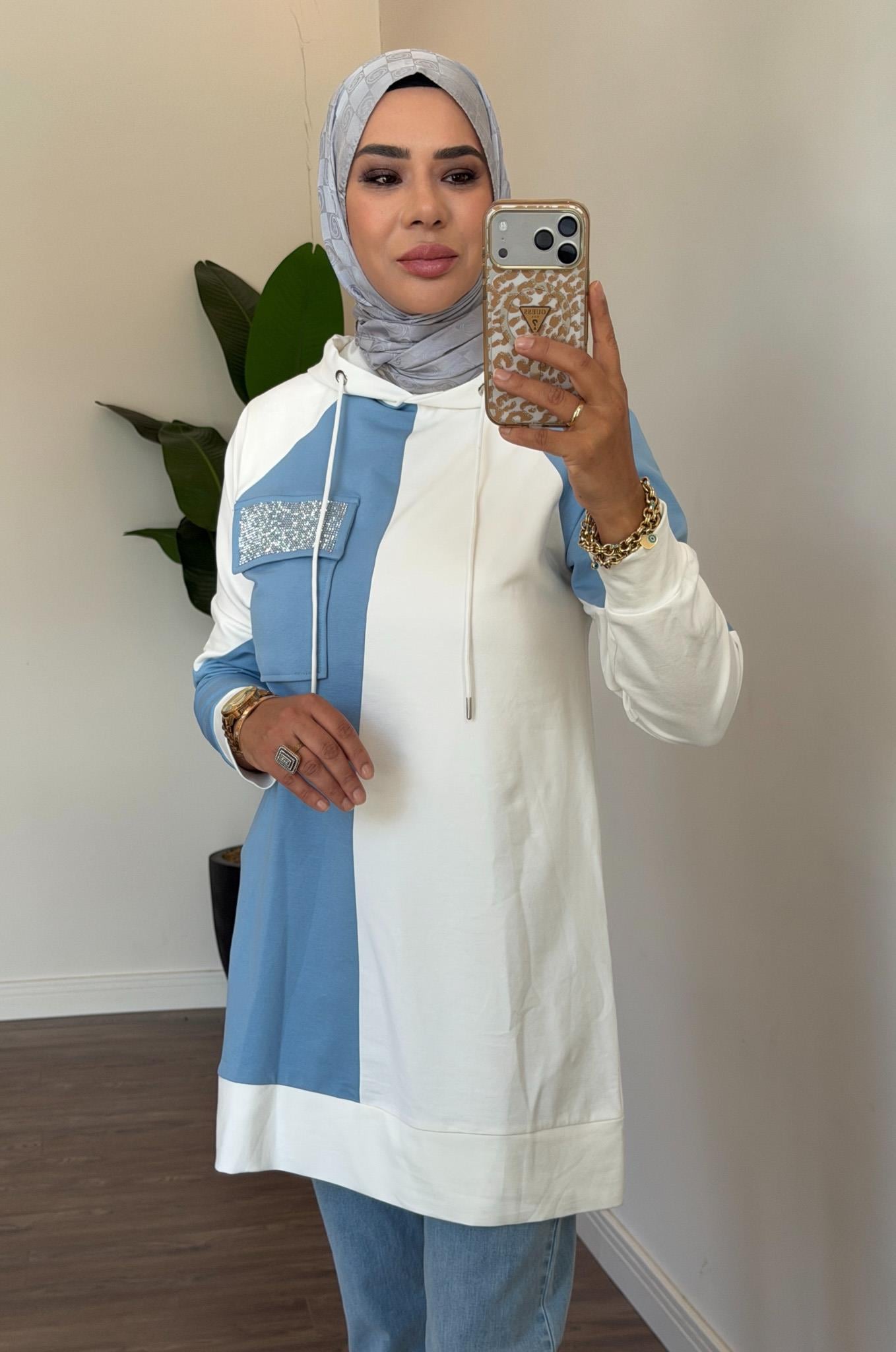 Cebi Taşlı Kapüşonlu Tunik - Mavi